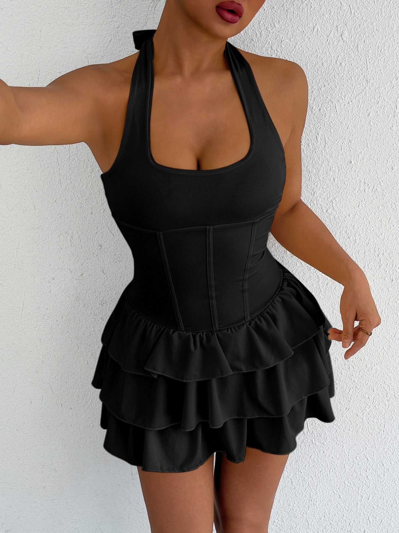 Halter Neck Ruffle Layered Dress