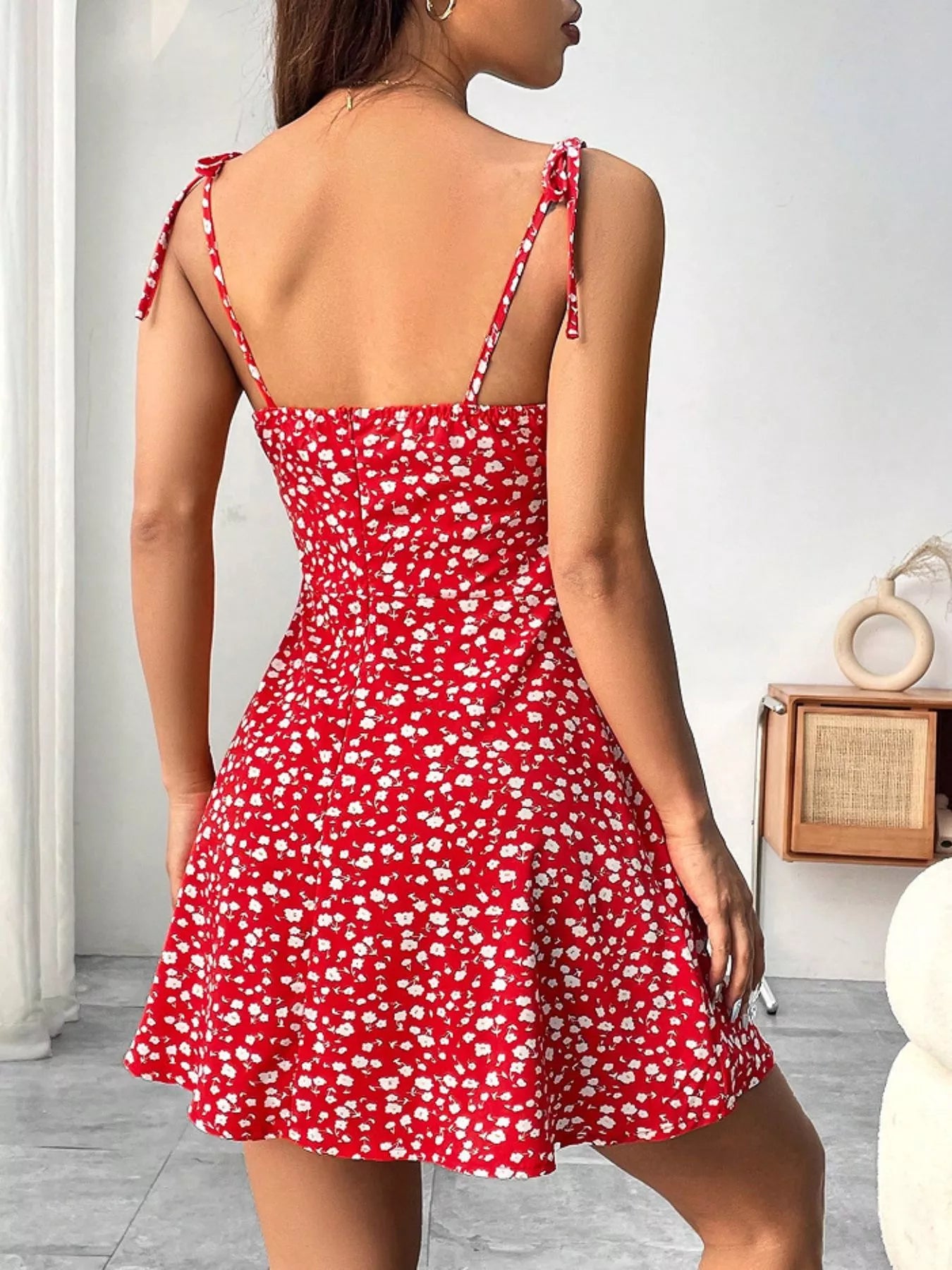 Floral Print Tie Strap Mini Dress
