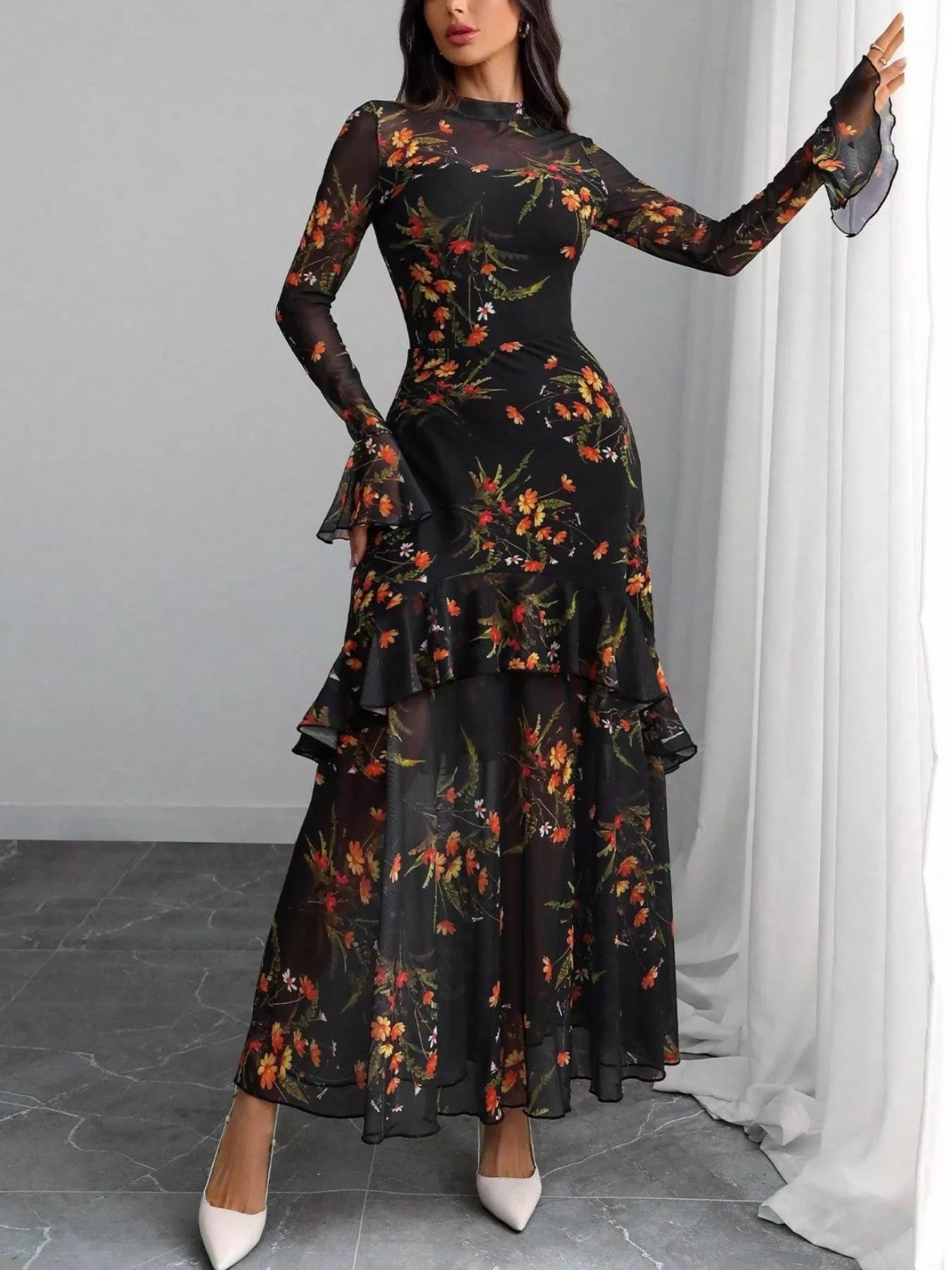 Floral Print Flounce Sleeve Mermaid Maxi Dress