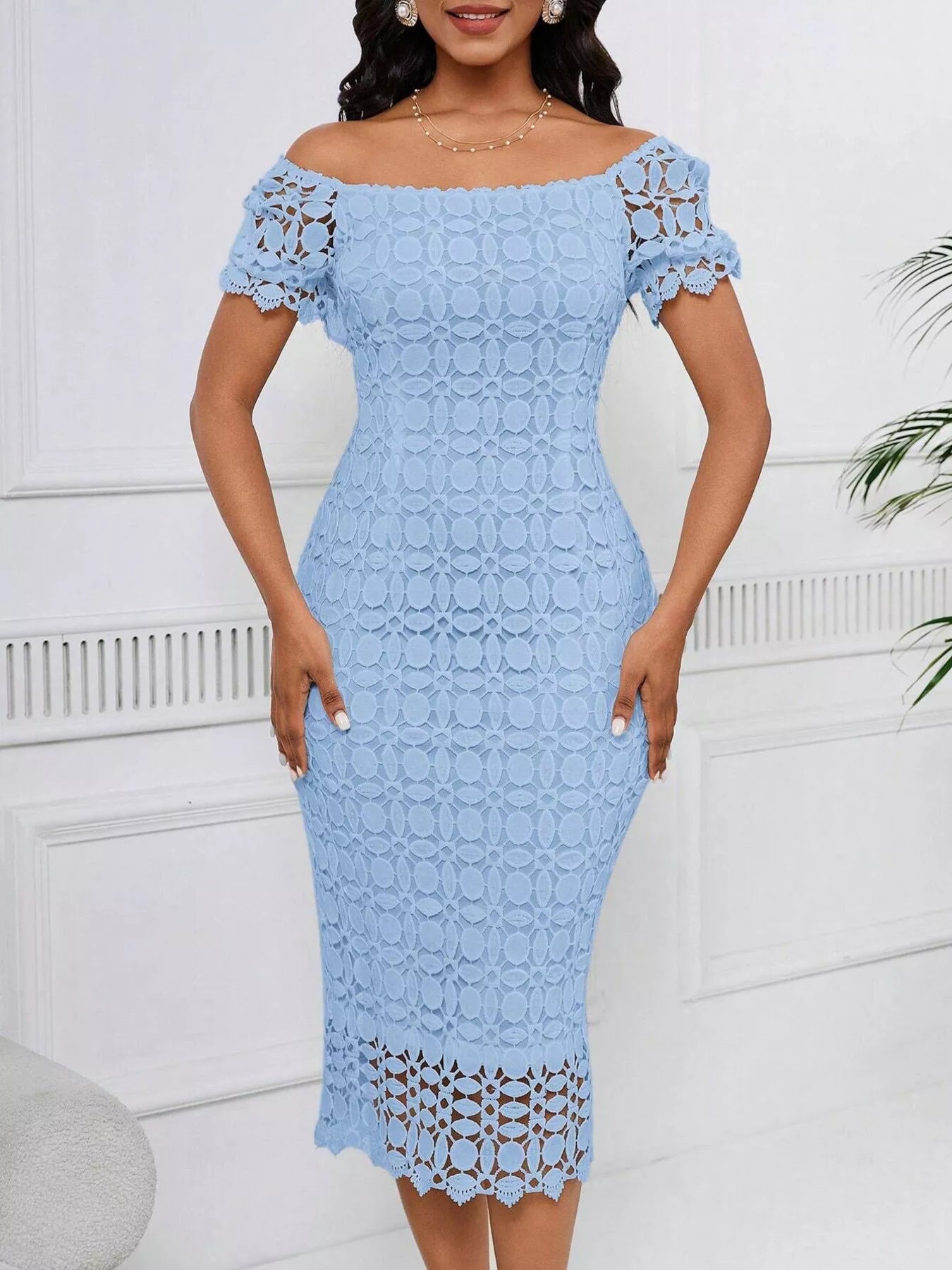 Lace Short Sleeve Midi Dress