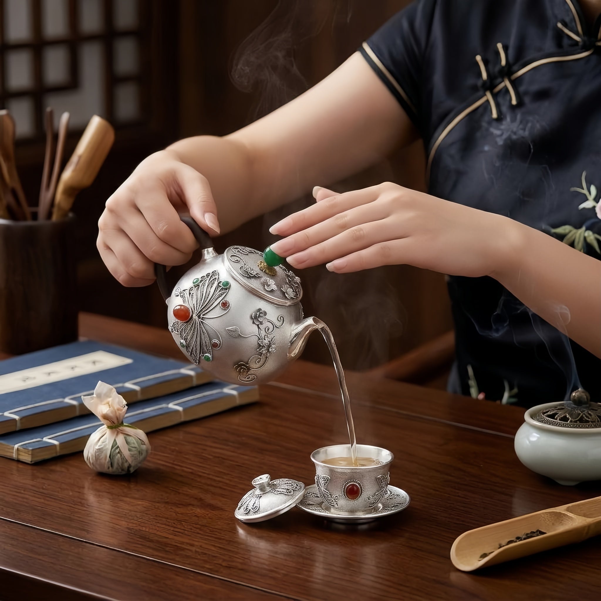 Pure 999 Fine Silver Silver Filigree Teapot with Butterfly Motif and Vibrant Gemstone Embellishments - Handicraft