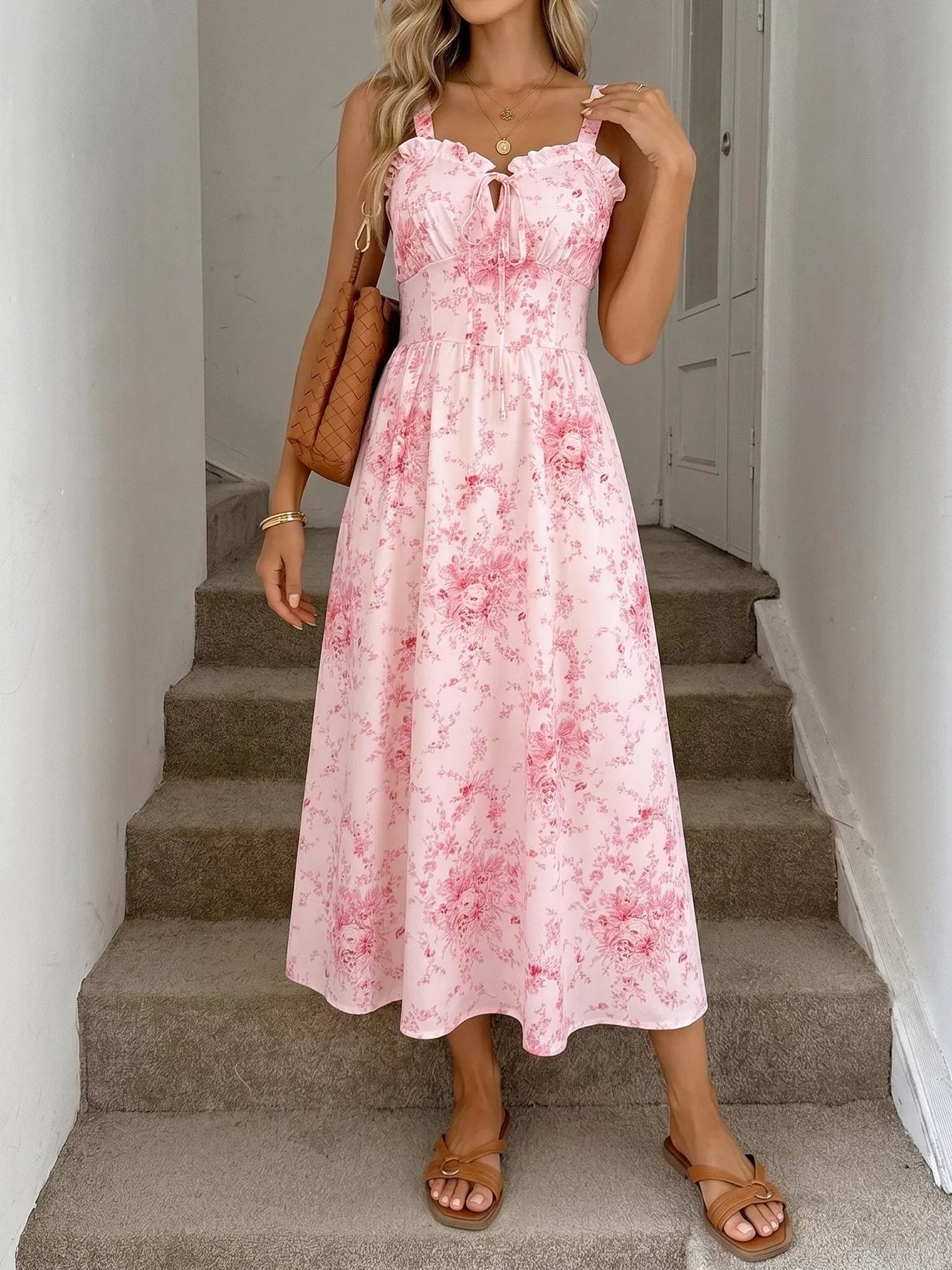 Floral Print Frill Trim Cami Dress