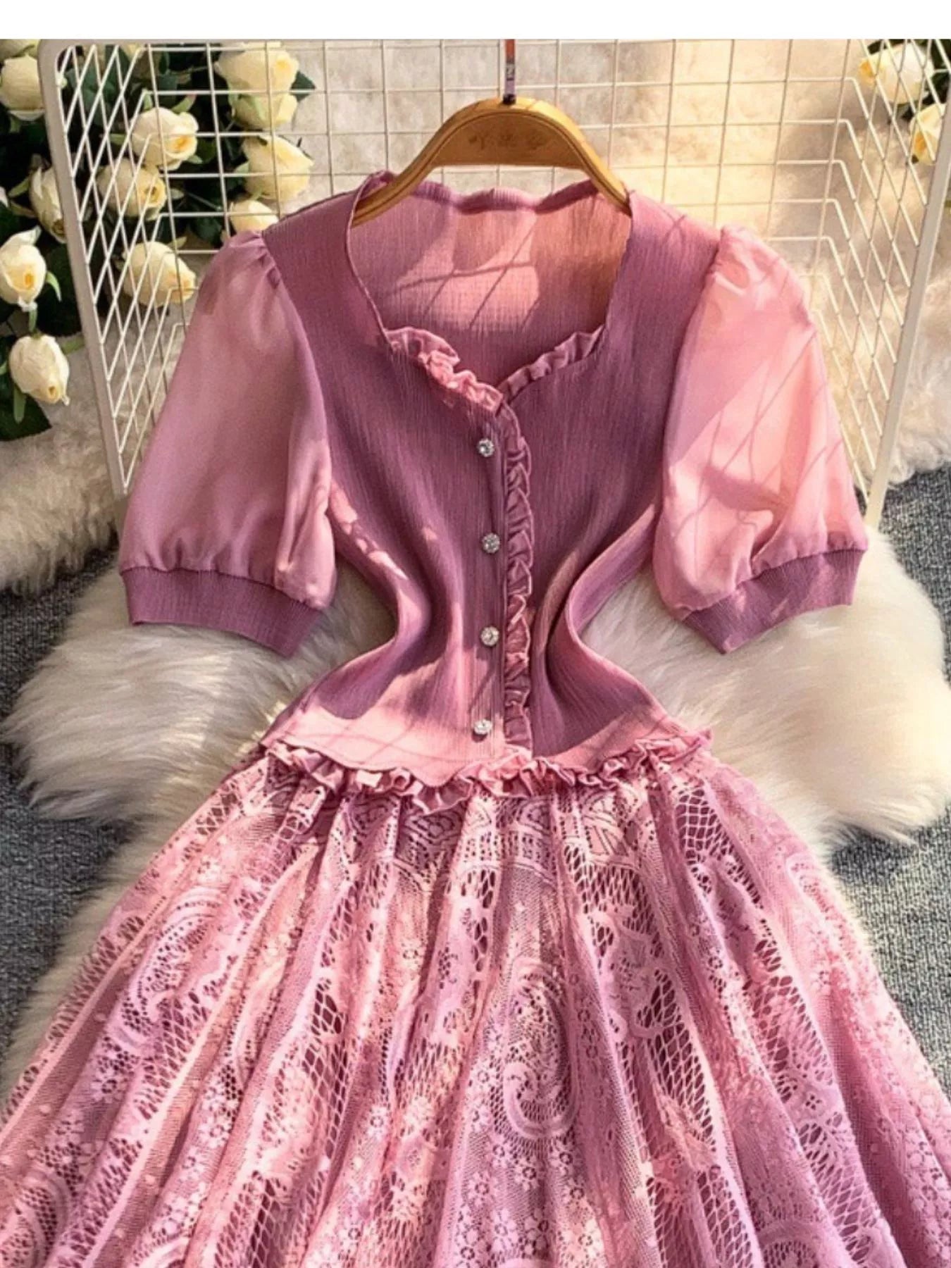 Lace Panel Puff Sleeve Dress