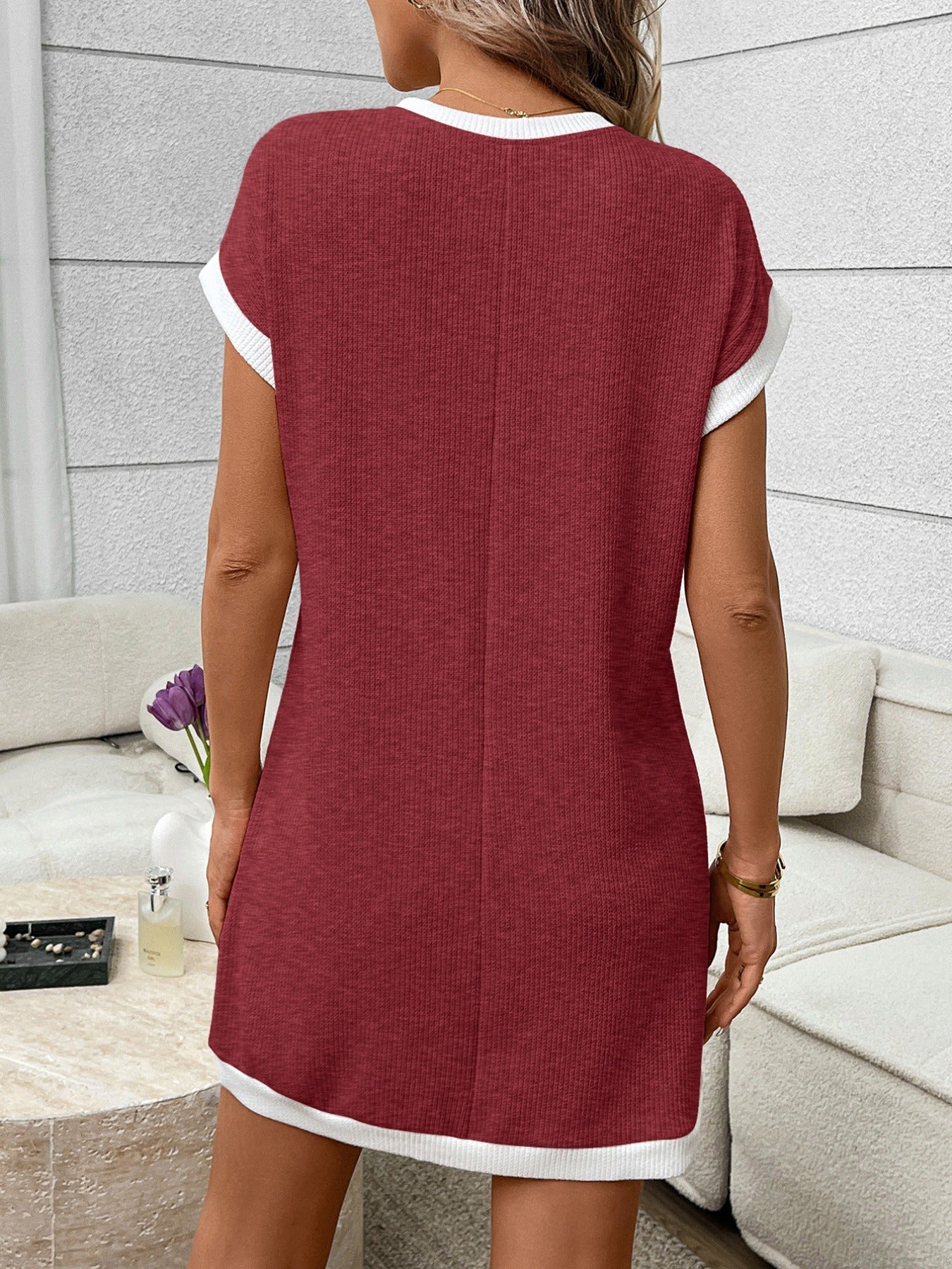 Contrast Trim Ribbed Knit Mini Dress with Pocket