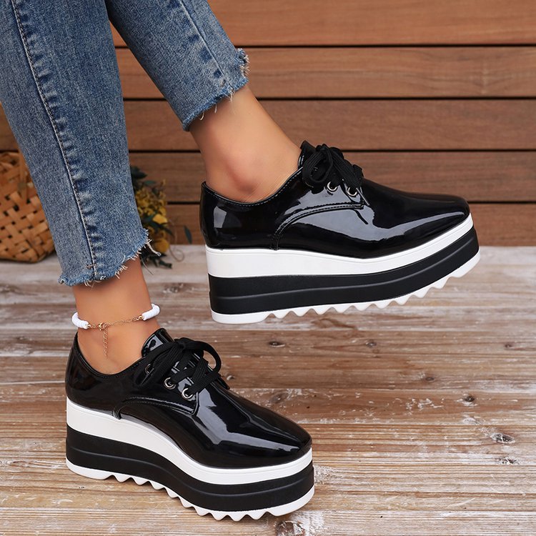 Womens Lace-up Square-toe Patent Leather Platform Wedge Heels