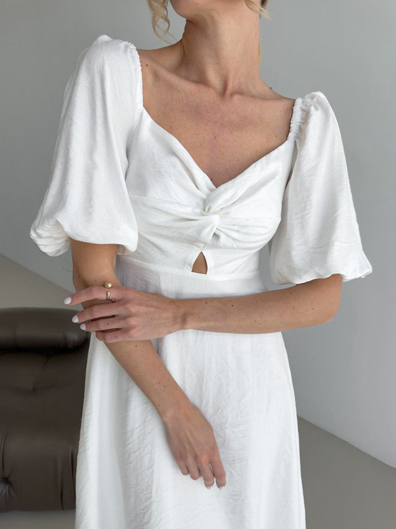 Twisted Front Puff Sleeve Midi Dress
