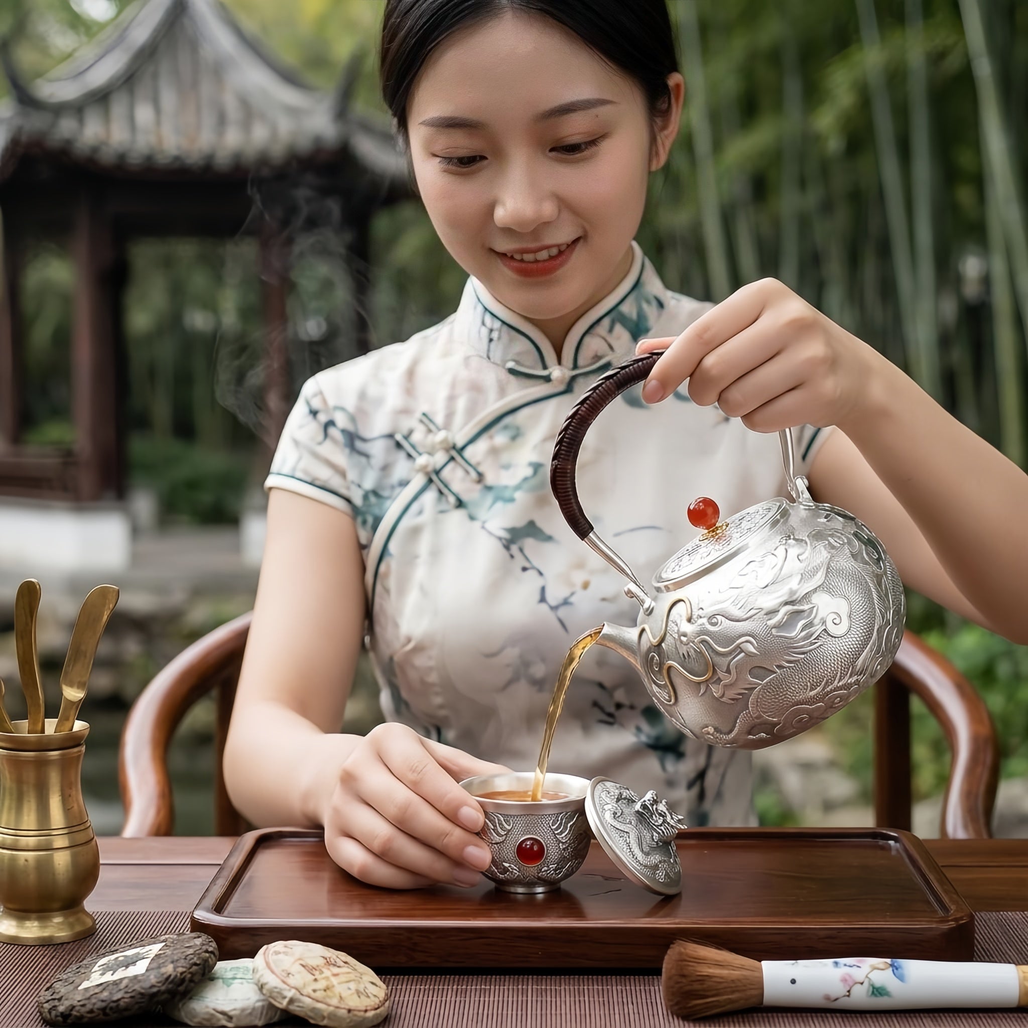 Pure 999 Fine Silver Exquisite Silver Teapot with Handcrafted Dragon Relief and Crimson Stone Finial - Handicraft
