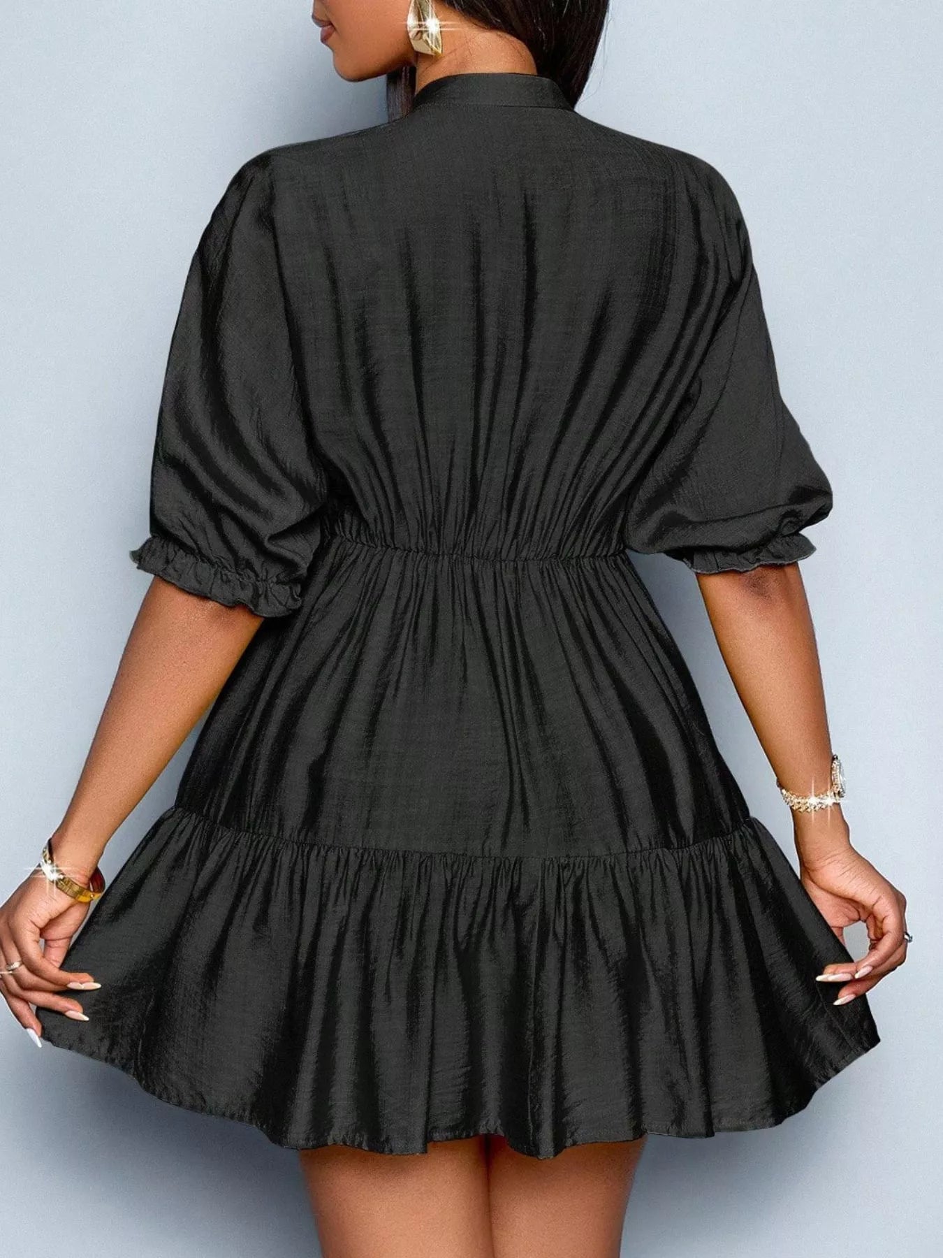 Notched Half Sleeve Tiered Dress