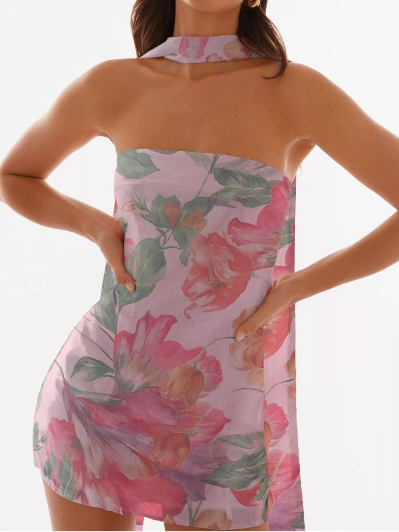 Floral Print Strapless Mini Dress with Scarf