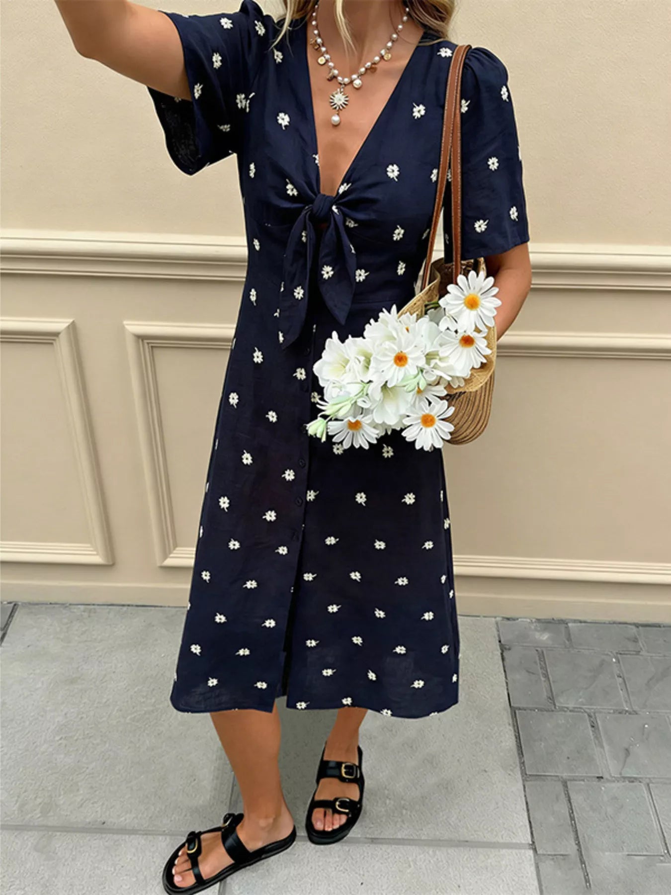 Daisy Print Tie-Front Midi Dress