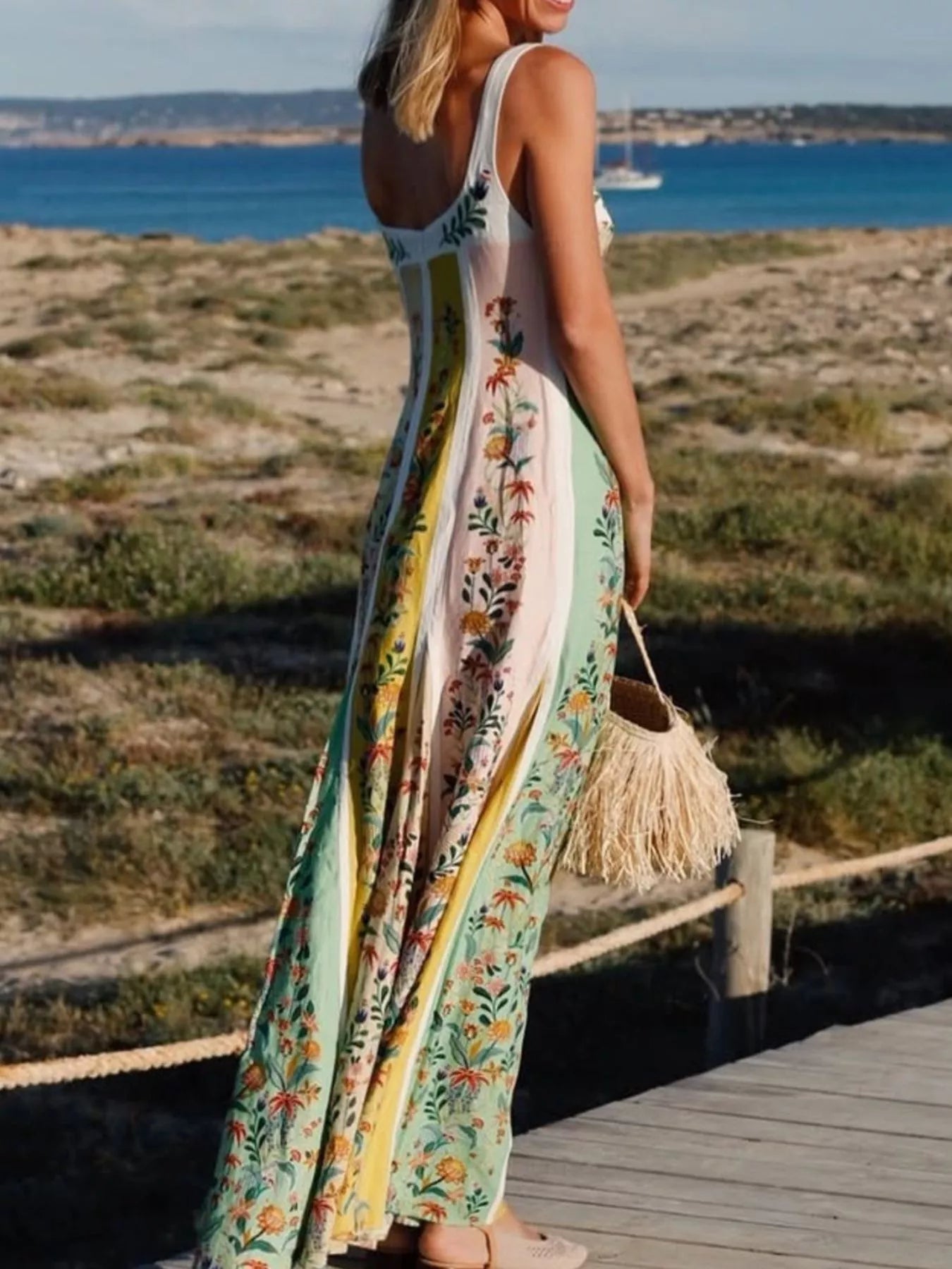Floral Print Sweetheart Neck Maxi Dress
