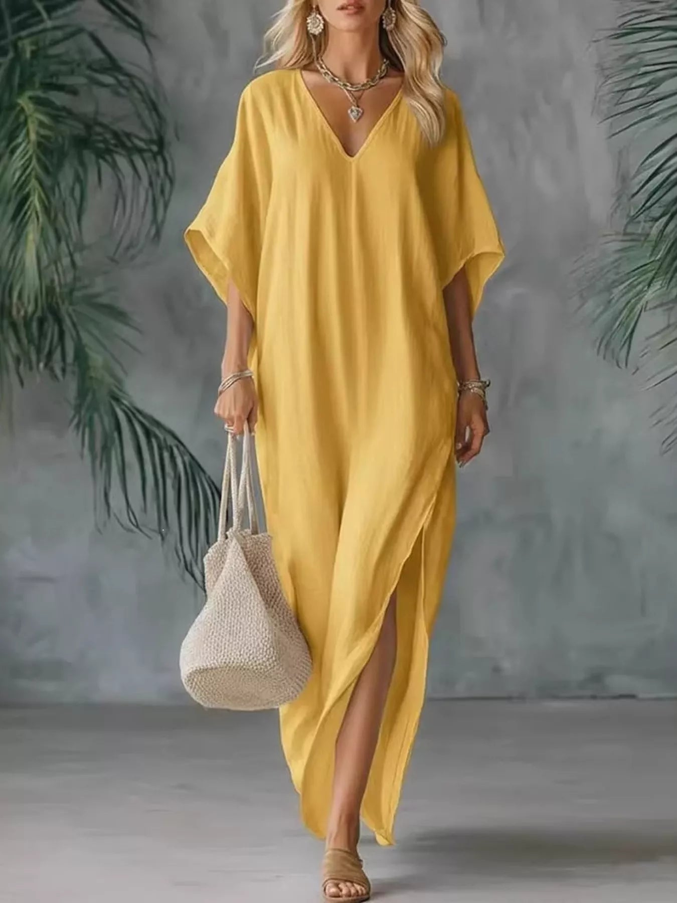 Full Size V-Neck Maxi Dress with Side Slits Plus Size