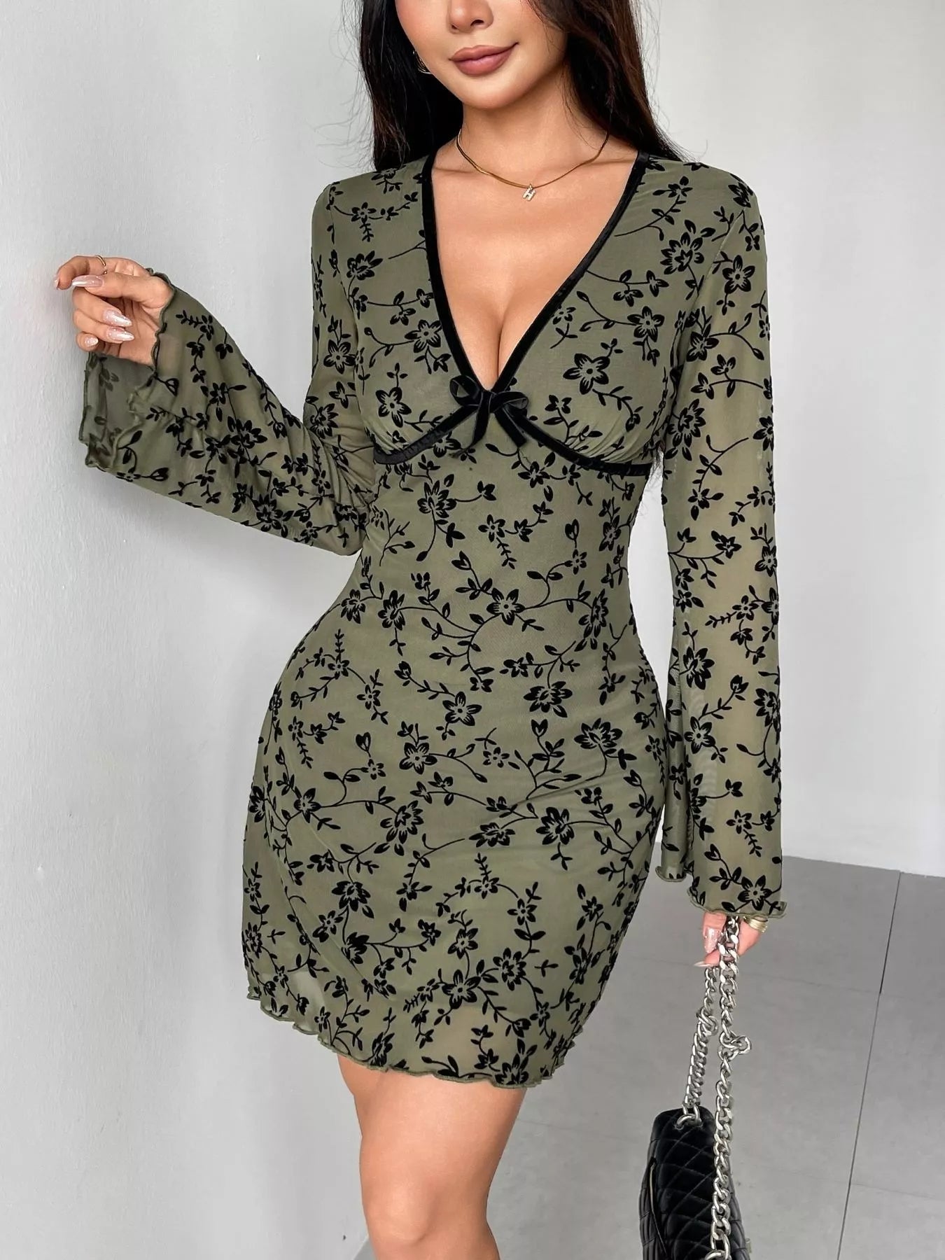 Floral Print Flare Sleeve Mini Dress