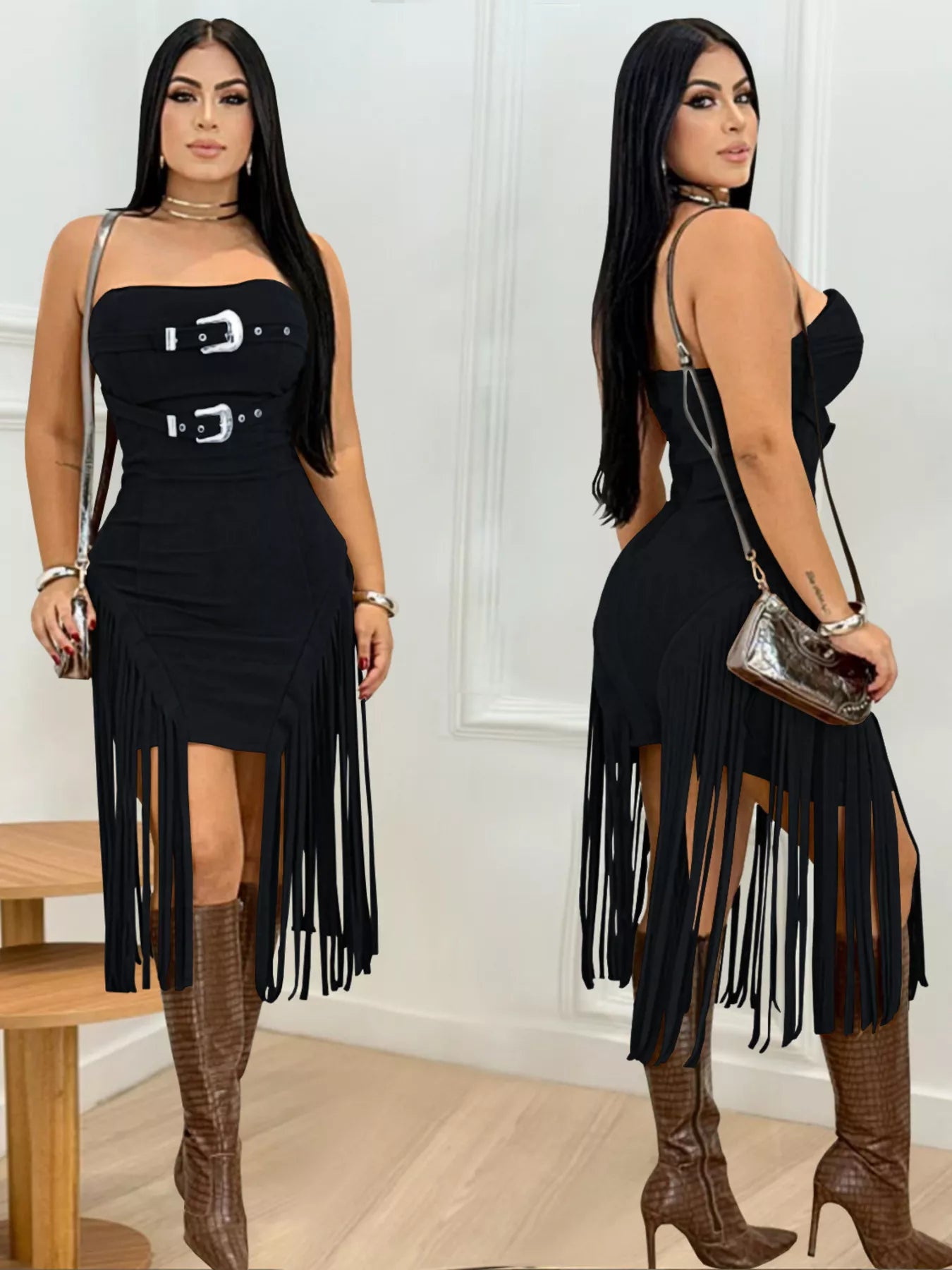 Buckle Detail Fringe Hem Bodycon Dress