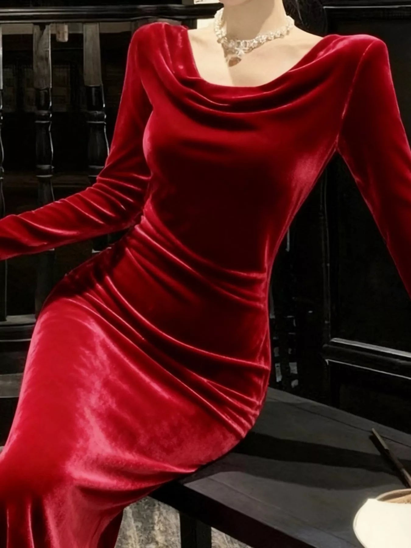 Velvet Cowl Neck Long Sleeve Midi Dress