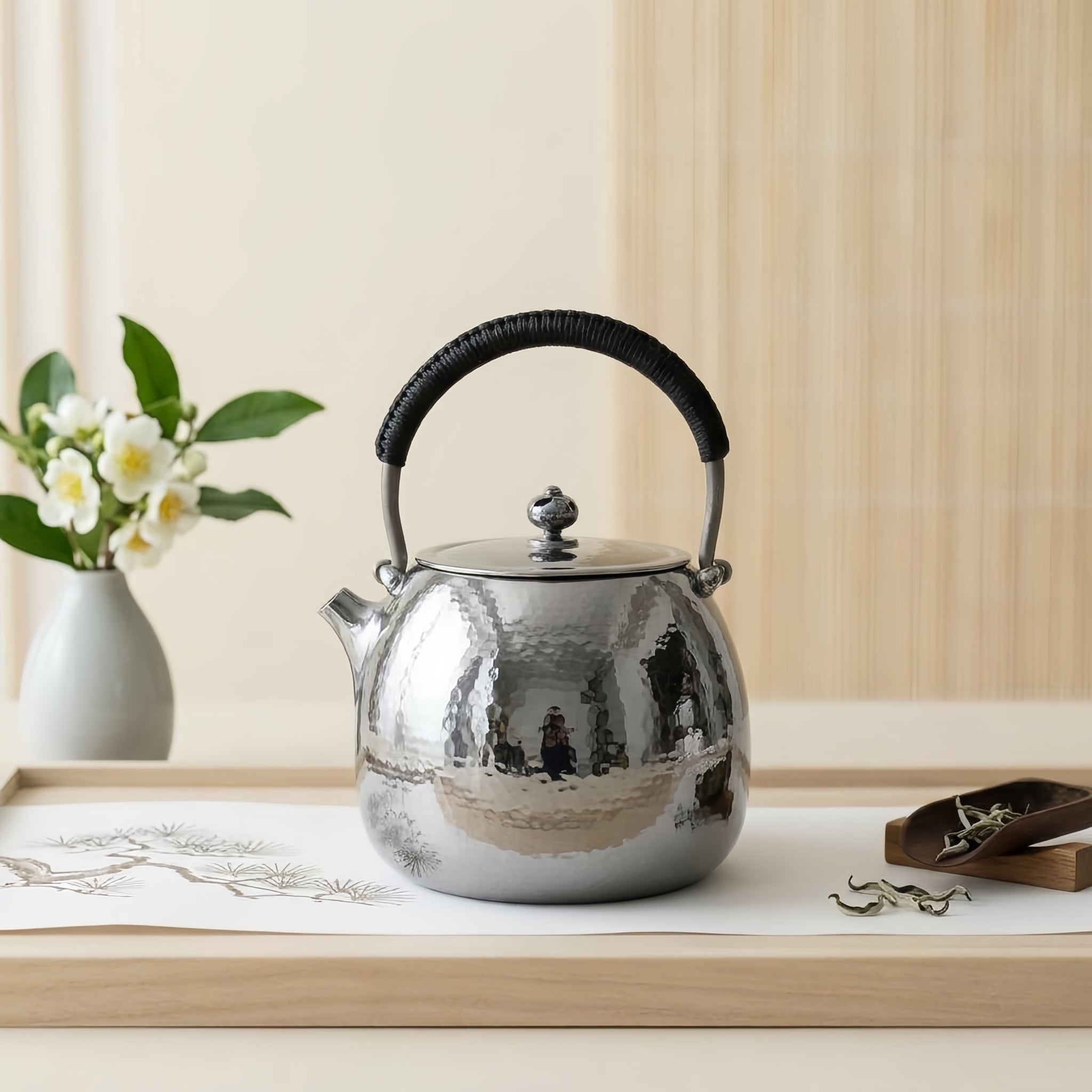Pure 999 Fine Silver Elegant Hand-Hammered Polished Silver Teapot with Traditional Woven Handle - Handicraft
