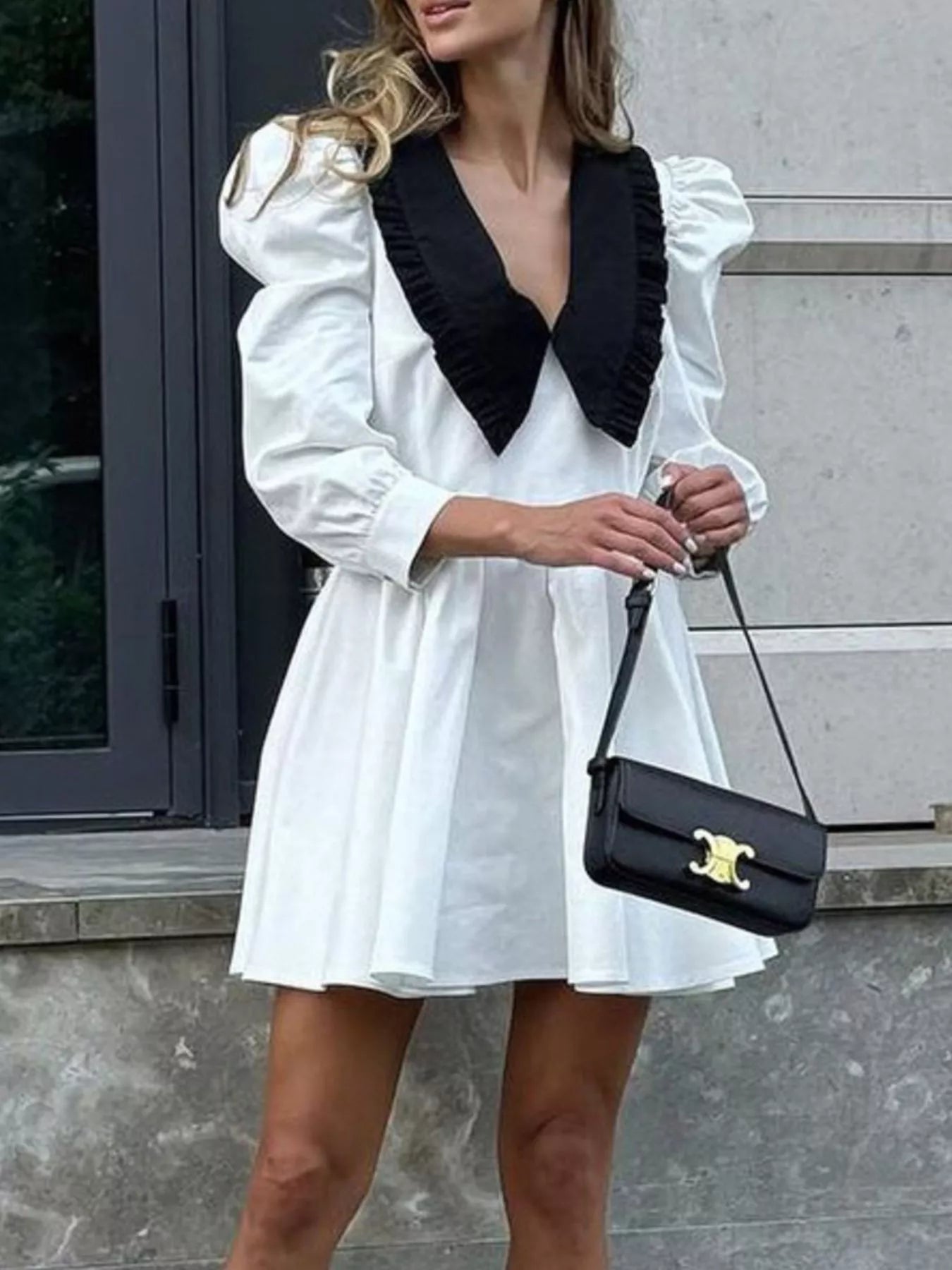 Puff Sleeve Contrast Collar Dress