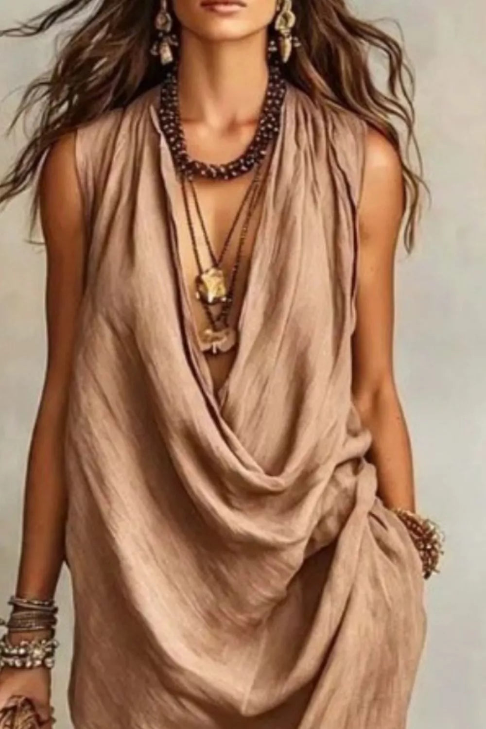 Sleeveless Drape Neck Midi Dress