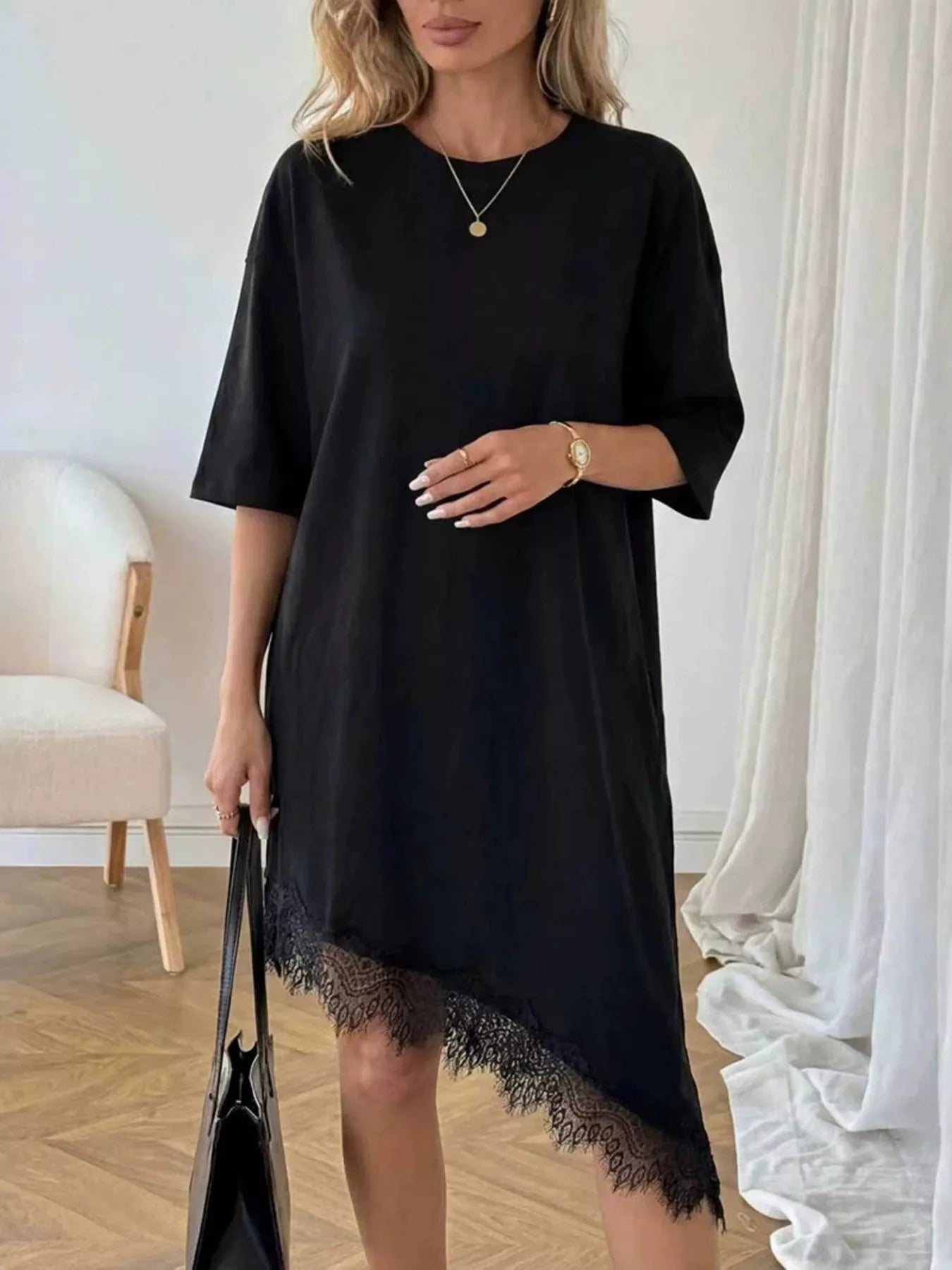 Lace Trim Asymmetrical Hem T-shirt Dress