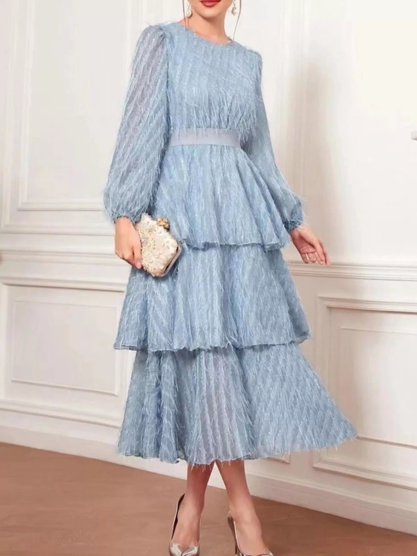 Full Size Layered Balloon Sleeve Midi Dress Plus Size