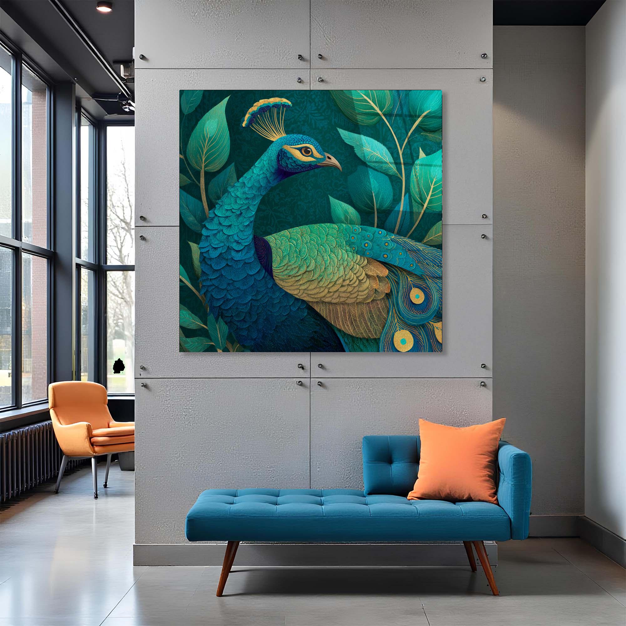 Teal & Gold Peacock Tempered Glass Wall Art | Elegant Home Decor