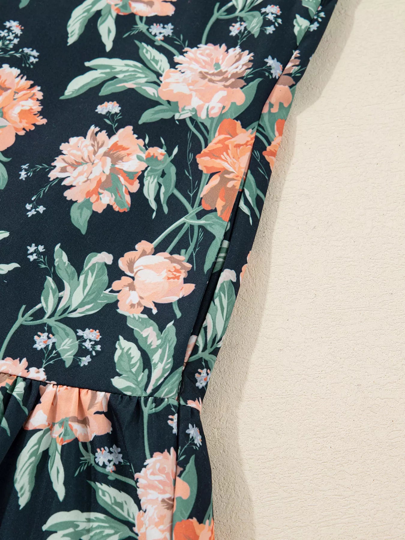 Floral Print Striped Trim V Neck Long Sleeve Ruffle Hem Shift Mini Dress