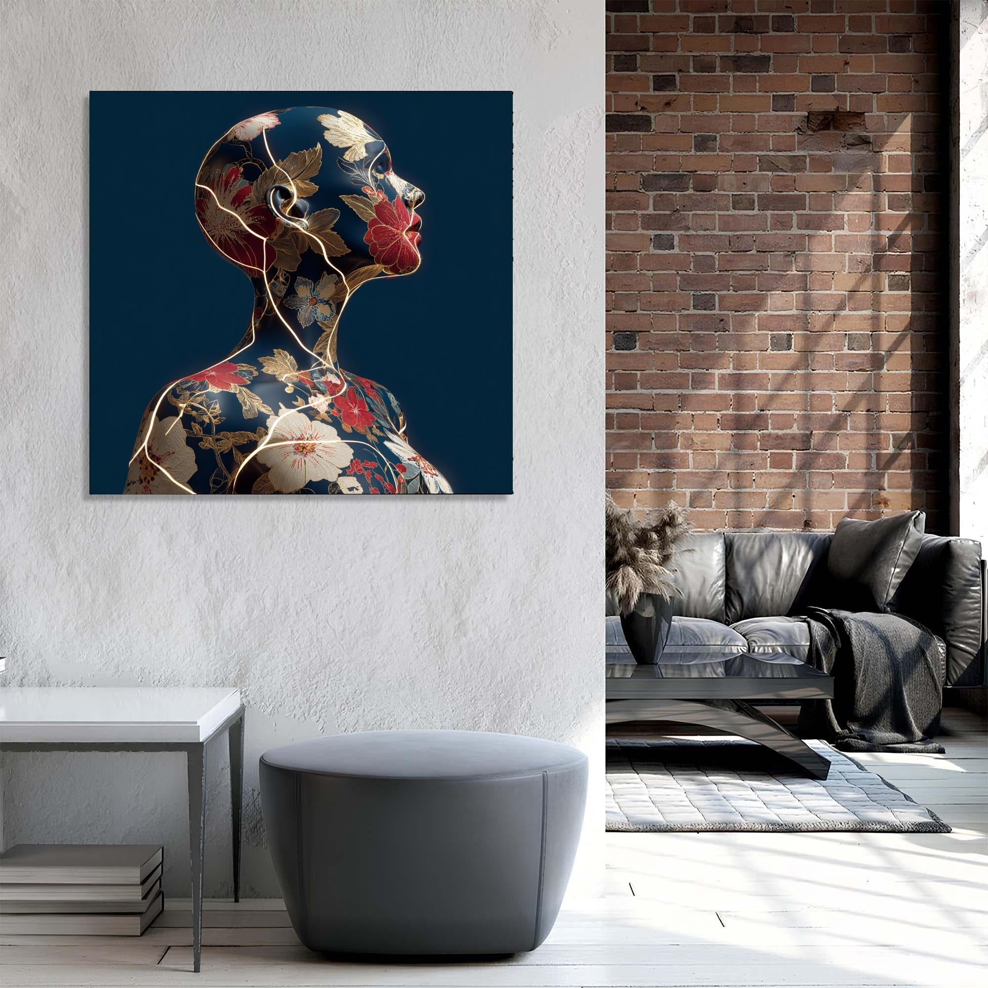 Floral Woman Tempered Glass Wall Art | Golden Crack Accent