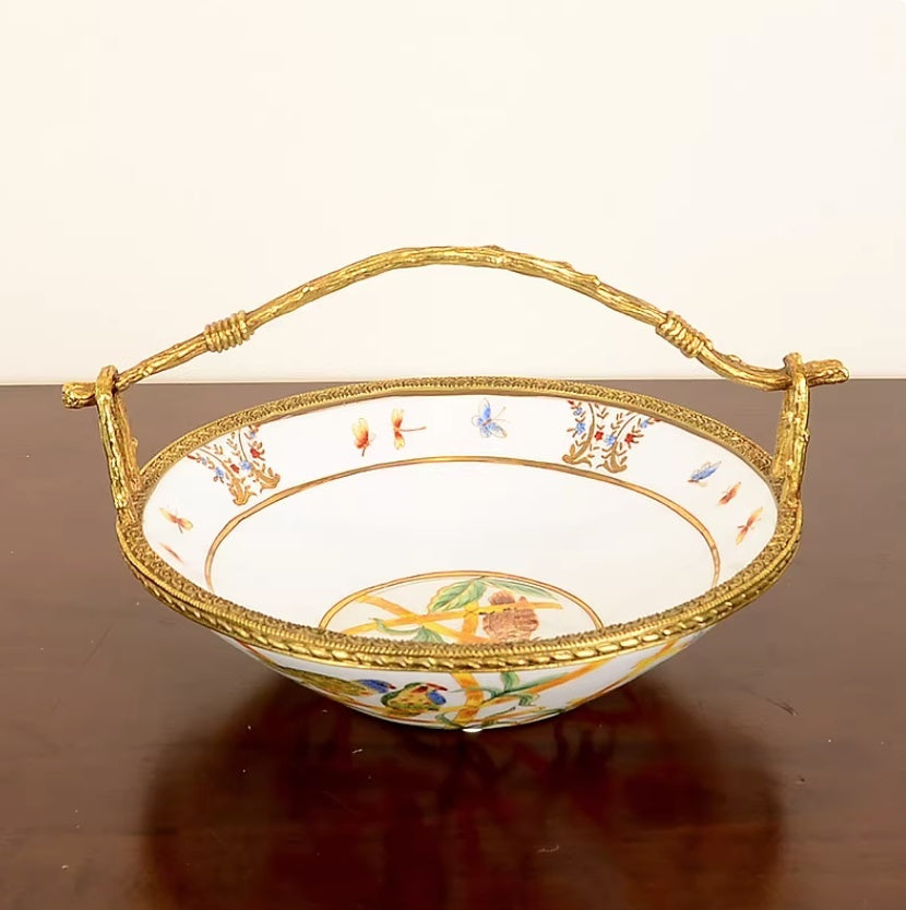 Brass Fruit Bowl Ornamentdesktop Living Room Decor Featuring A Copper-and-porcelain Fruit Basket