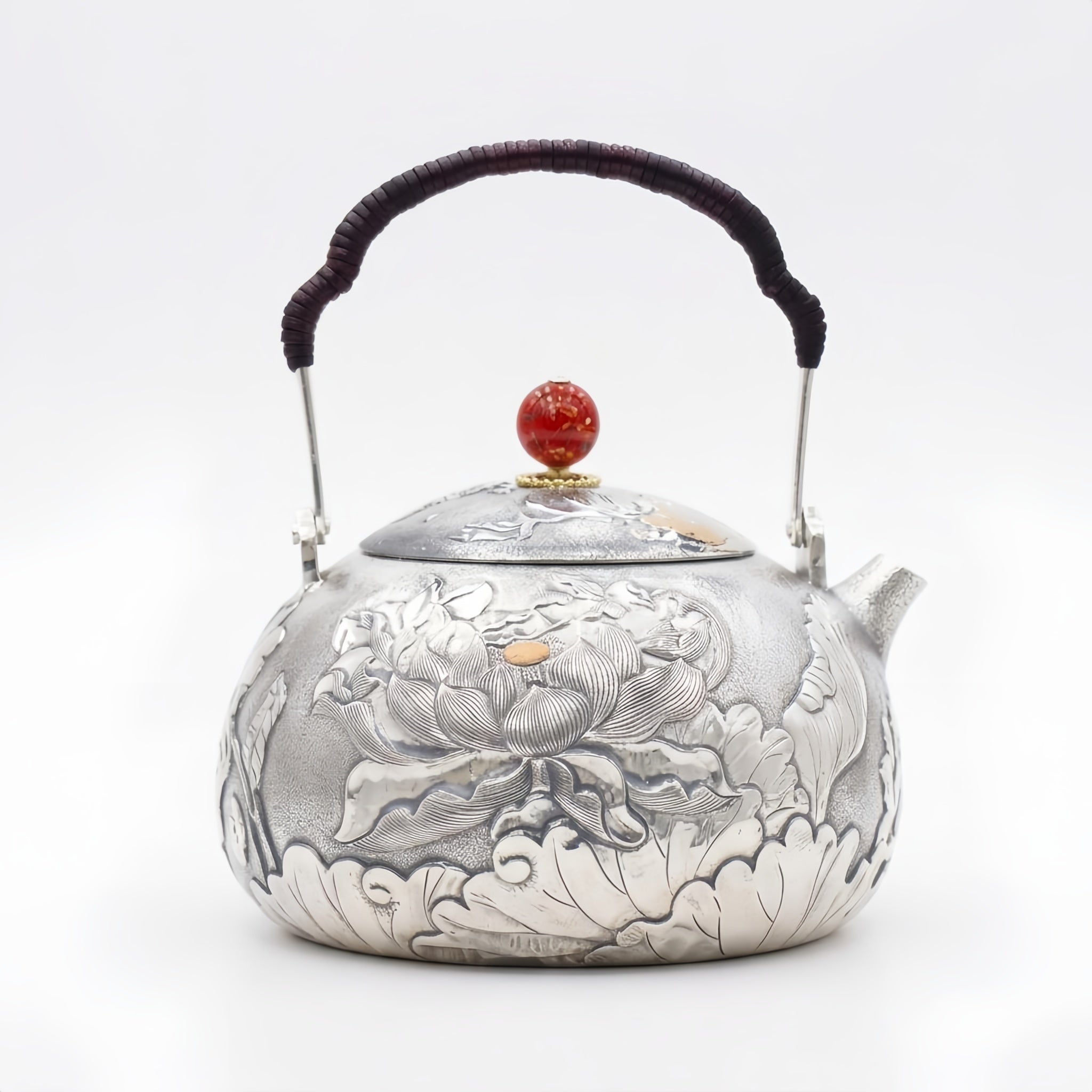 Pure 999 Fine Silver Exquisite Hand-Engraved Silver Teapot with Intricate Lotus Relief and Red Finial - Handicraft