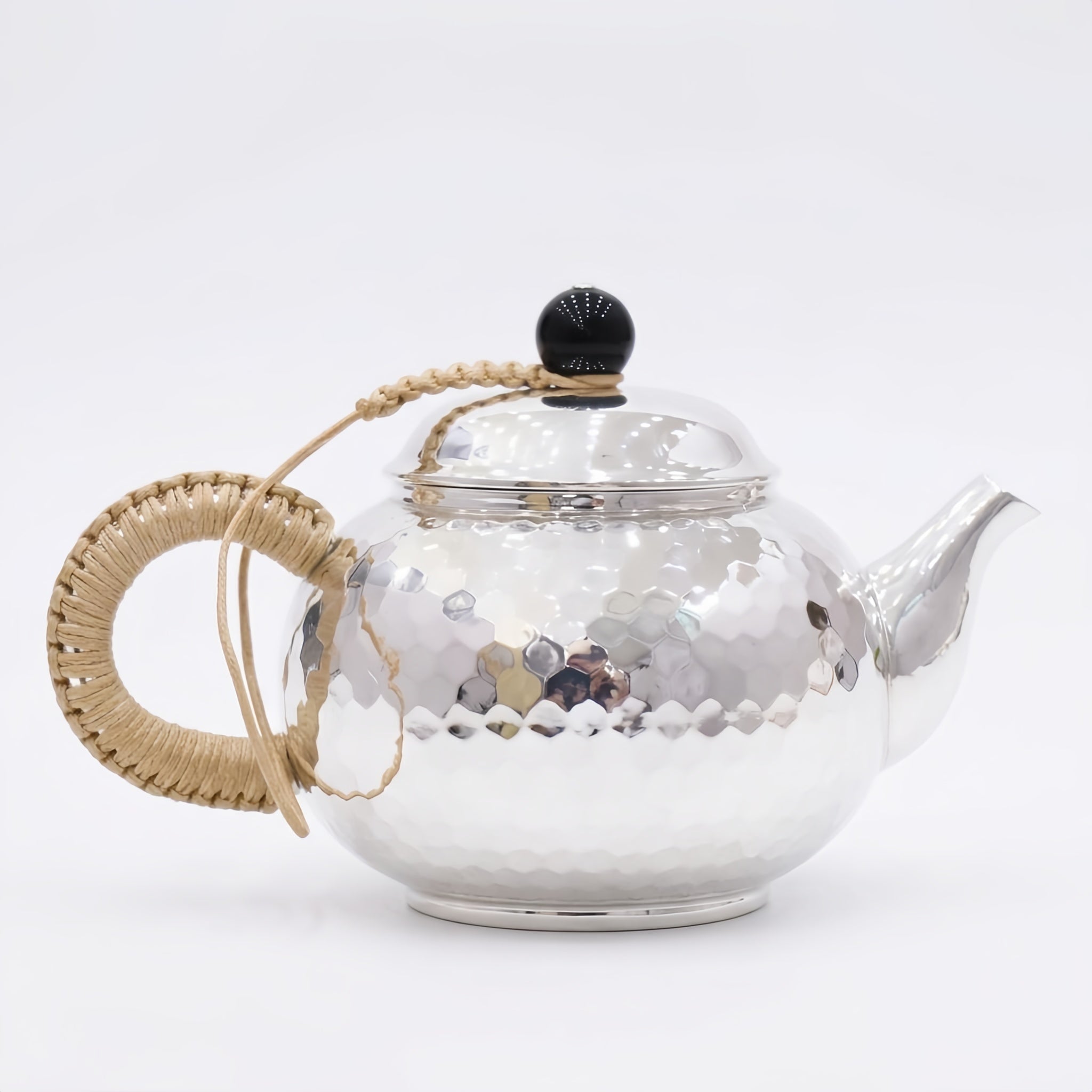 Pure 999 Fine Silver Hammered Silver Teapot with Woven Insulated Handle and Black Finial - Handicraft