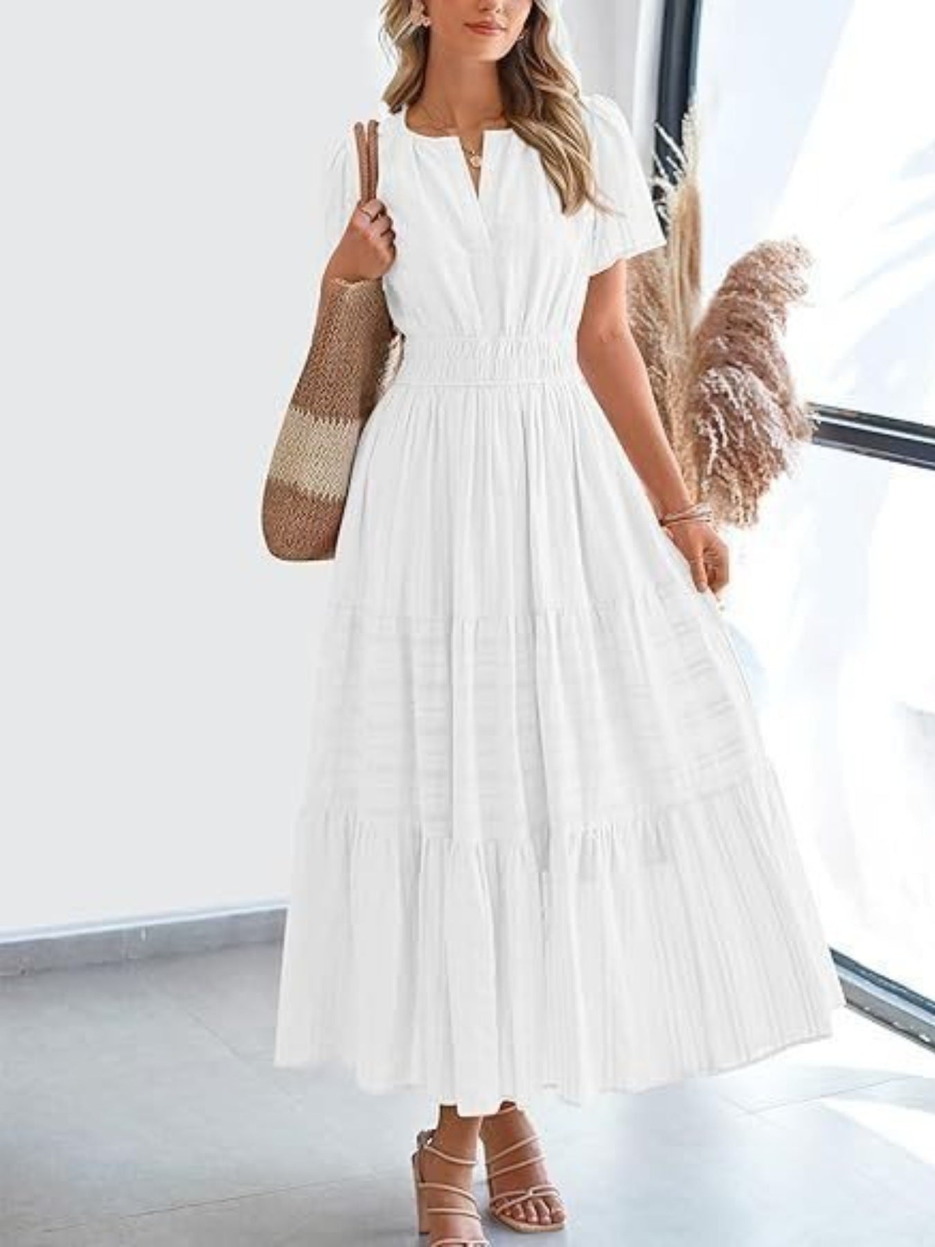 Notched Short Sleeve Tiered Dress