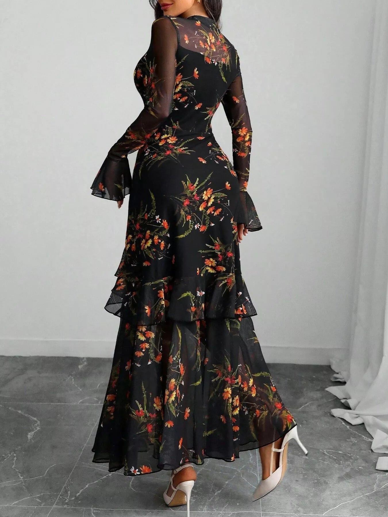 Floral Print Flounce Sleeve Mermaid Maxi Dress