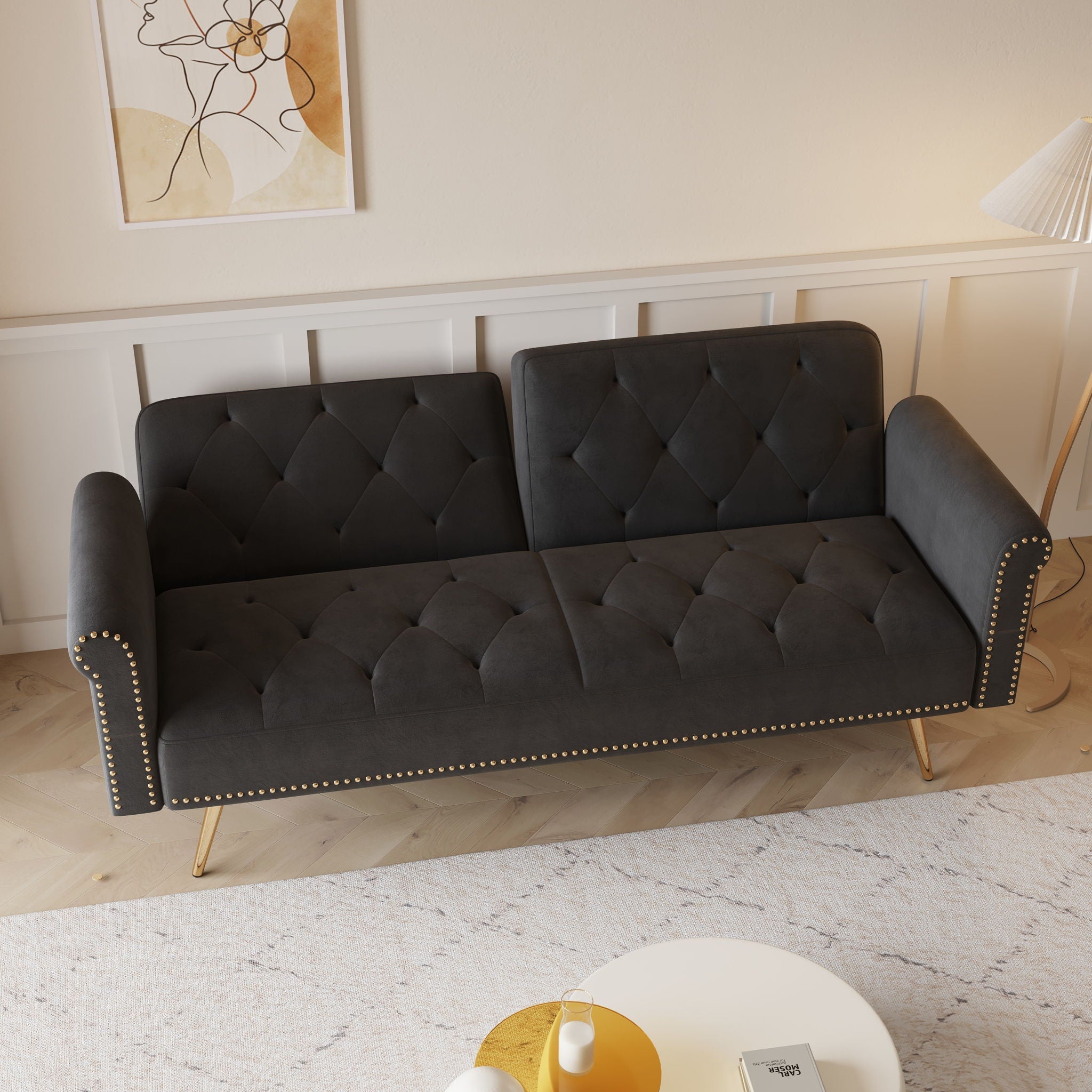 Luxurious Sofa Bed With Nail Head Trim And Matching Pillow