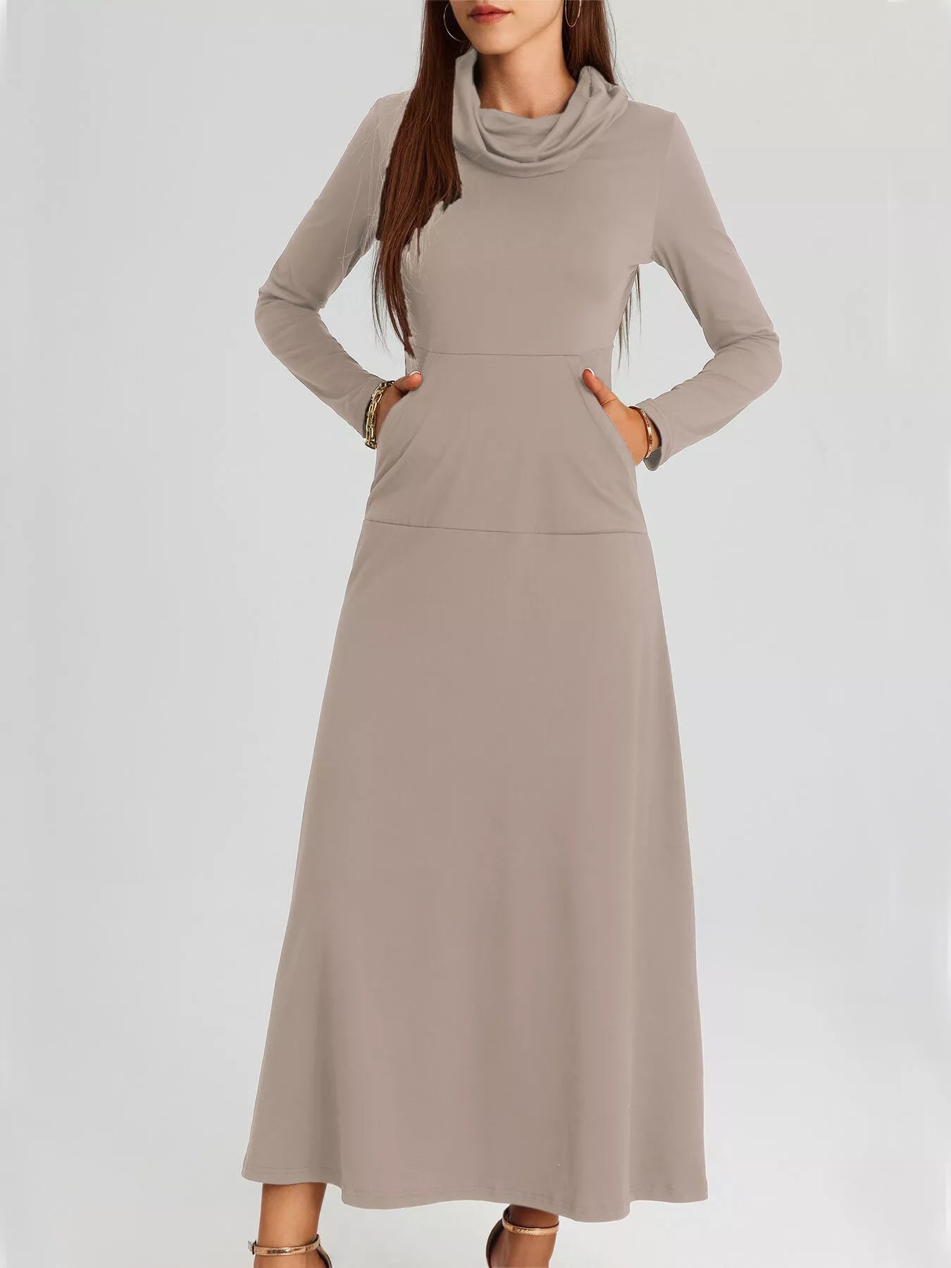 Cowl Neck Long Sleeve Midi Dress