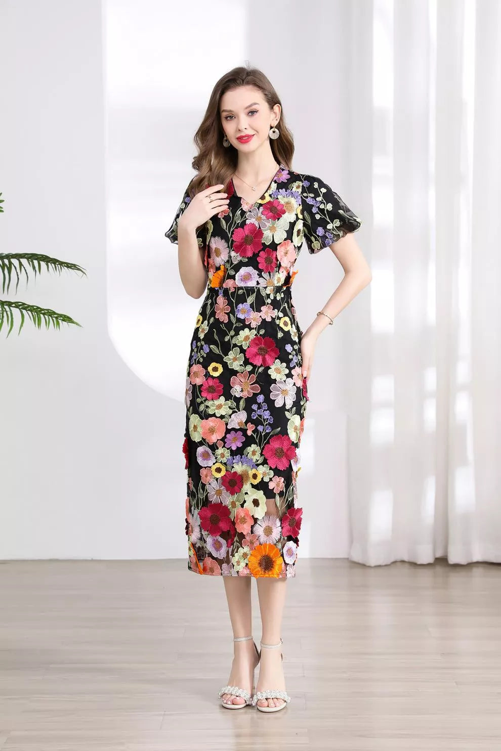 Floral Embroidered Puff Sleeve Midi Dress