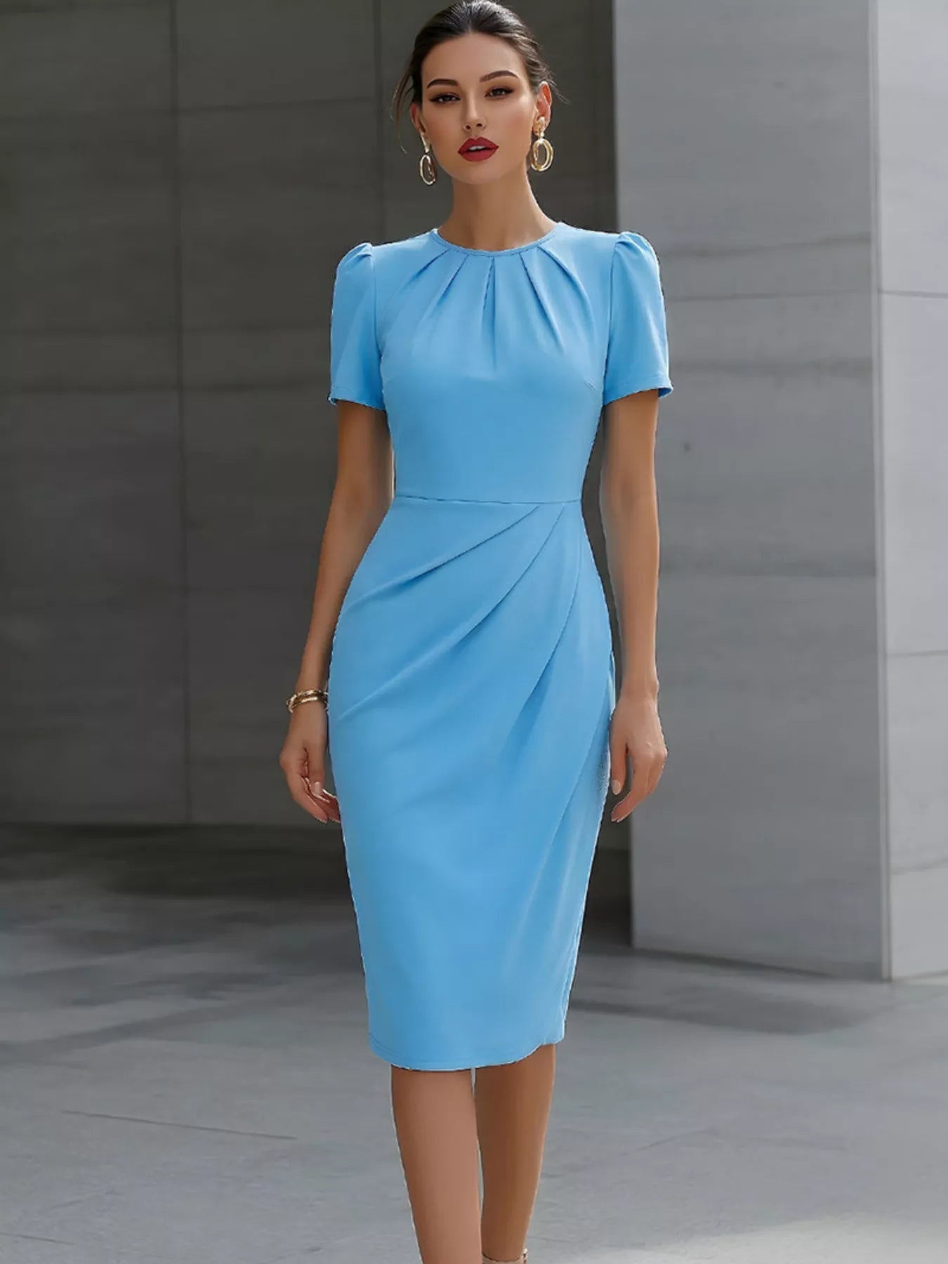 Ruched Short Sleeve Midi Dress