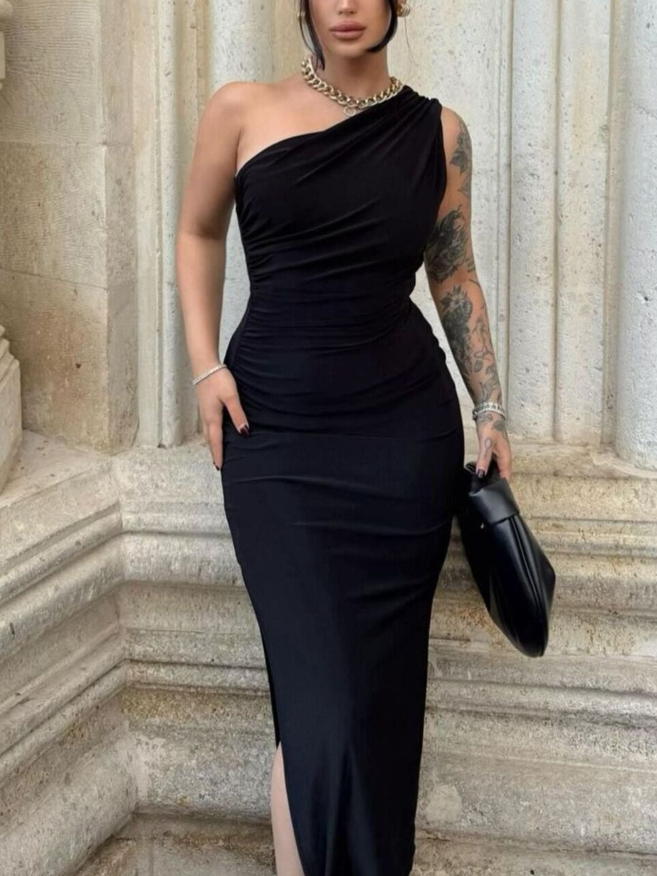 One-Shoulder Ruched Bodycon Slit Dress