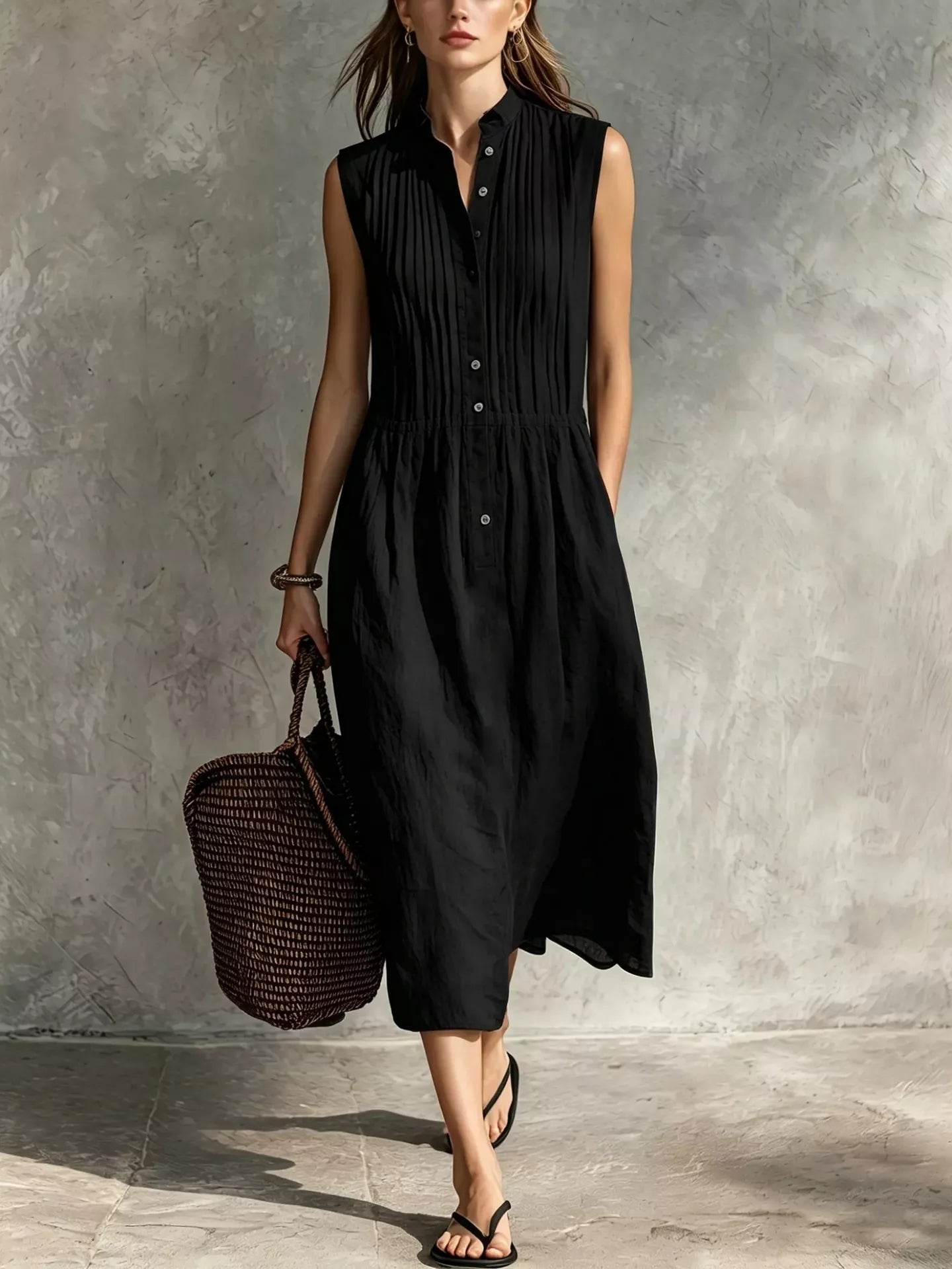 Full Size Sleeveless Button Front Midi Dress Plus Size