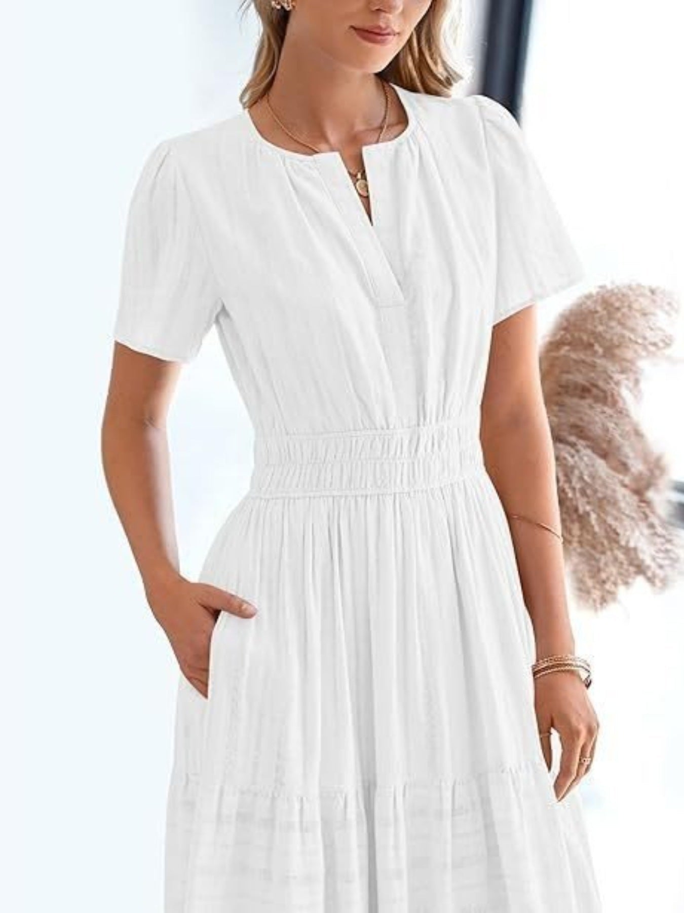 Notched Short Sleeve Tiered Dress