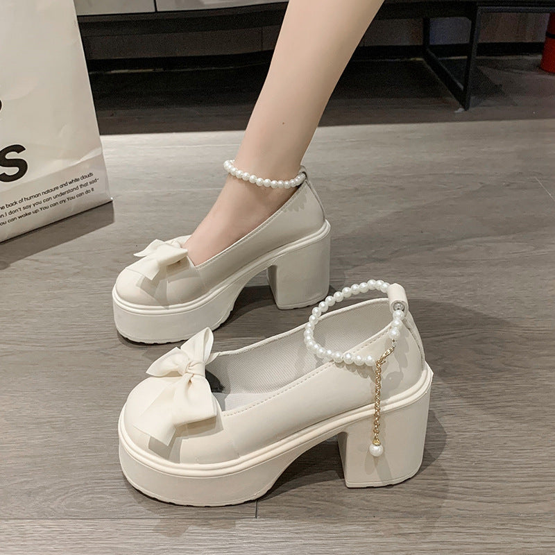 Pearl Bow High-heeled Leather Shoes