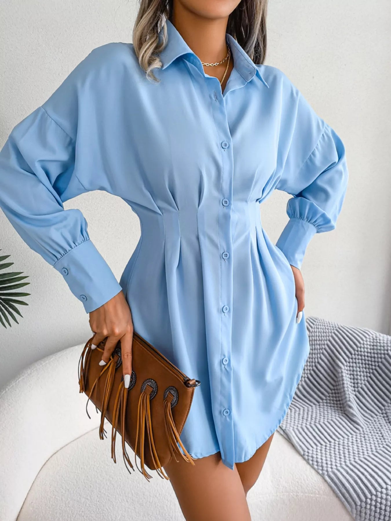 Elegant Button-Down Cinched Waist Mini Shirt Dress
