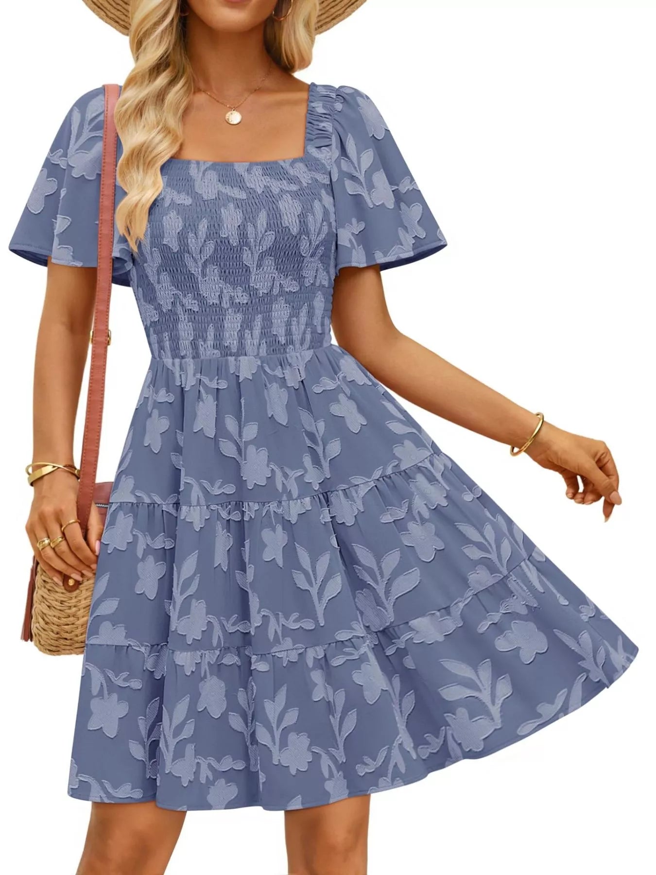 Smocked Square Neck Tiered Mini Dress