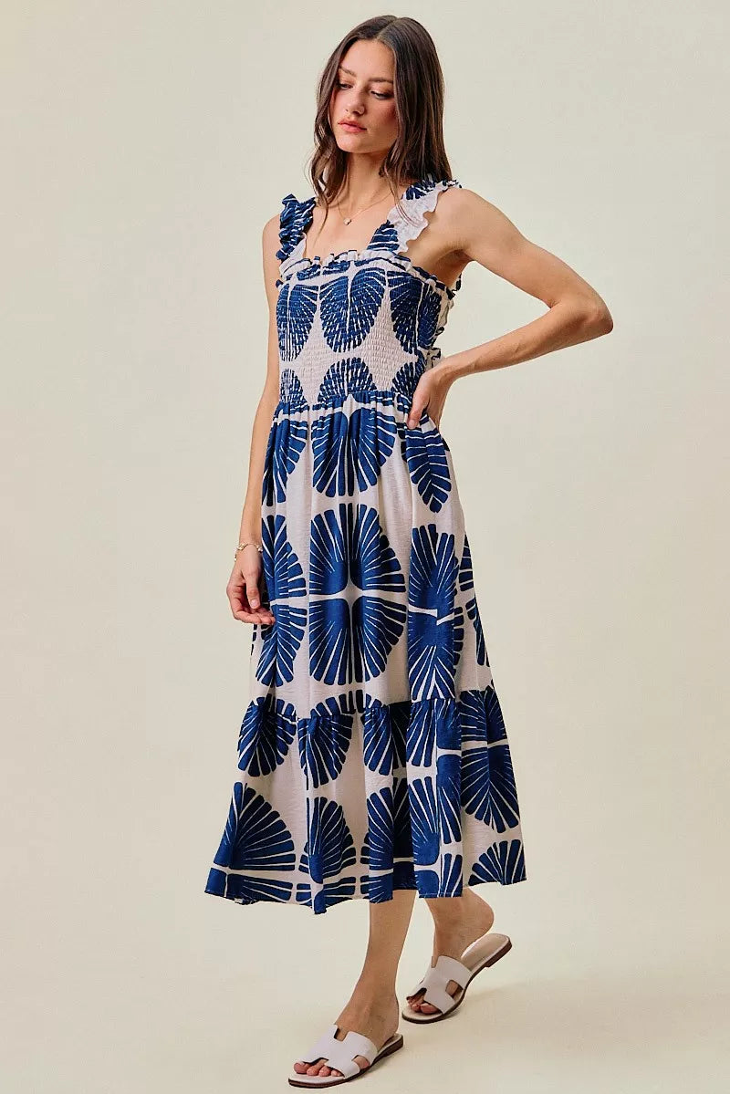 SO ME Abstract Print Smocked Bodice Tiered Lined Midi Dress