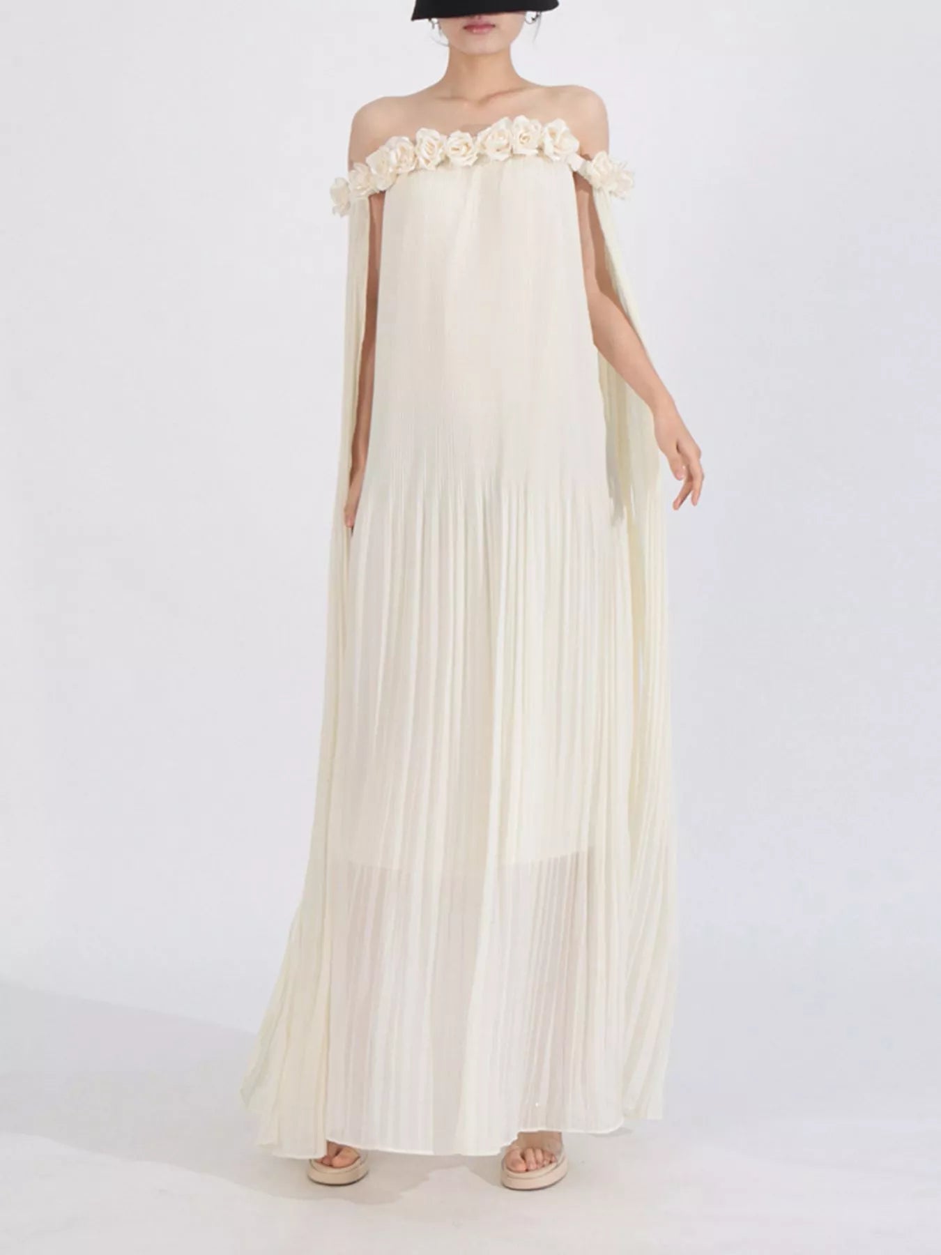 Off-Shoulder Floral Pleated Maxi Dress