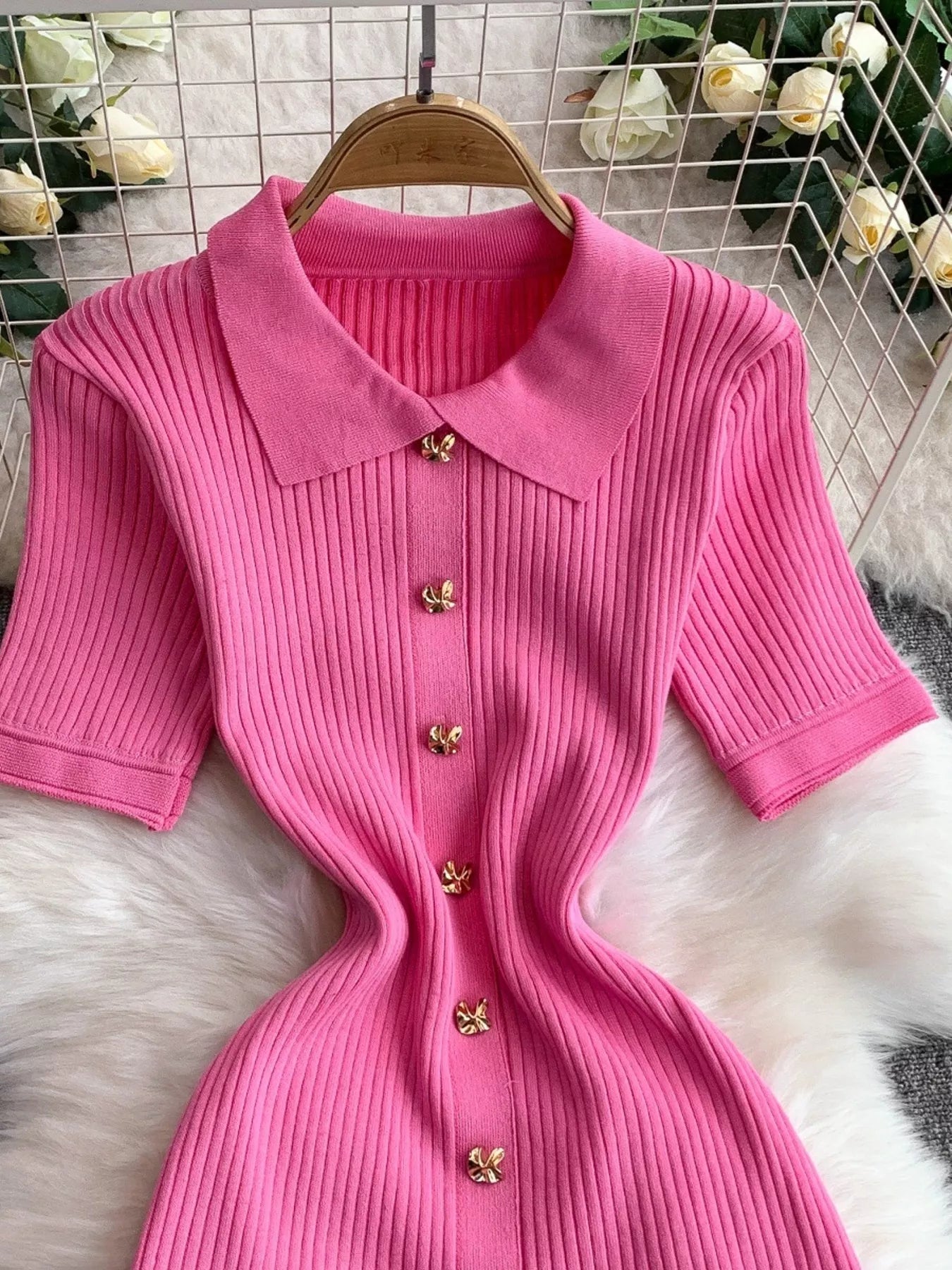 Button Front Ribbed Knit Midi Dress