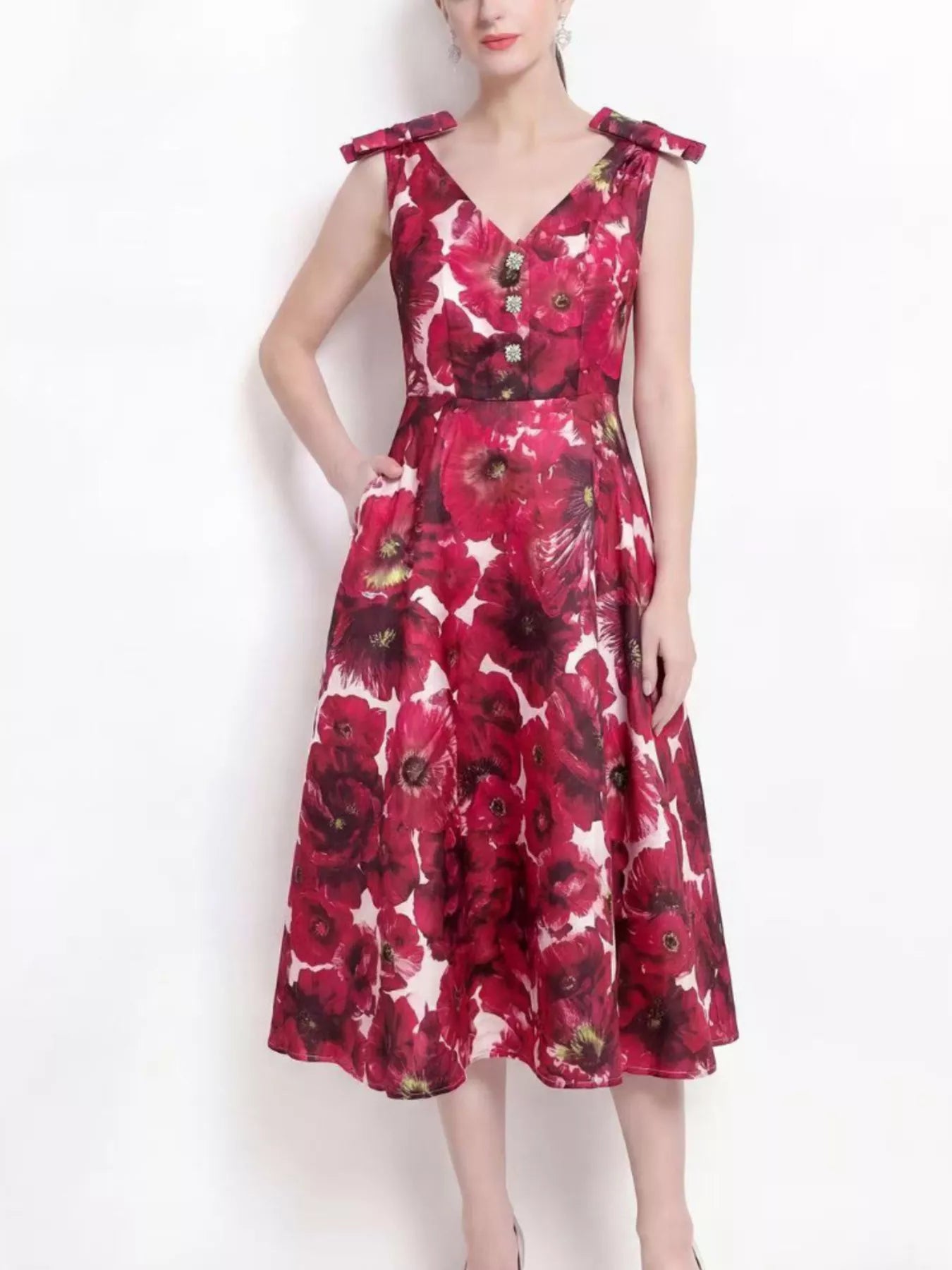 V-Neck Sleeveless Floral Print Midi Dress