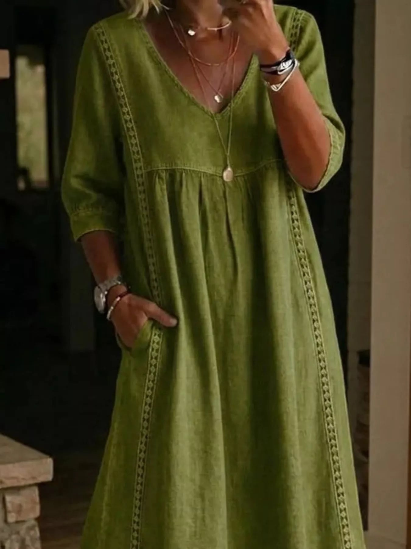 Full Size V-Neck 3/4 Sleeve Midi Dress Plus Size