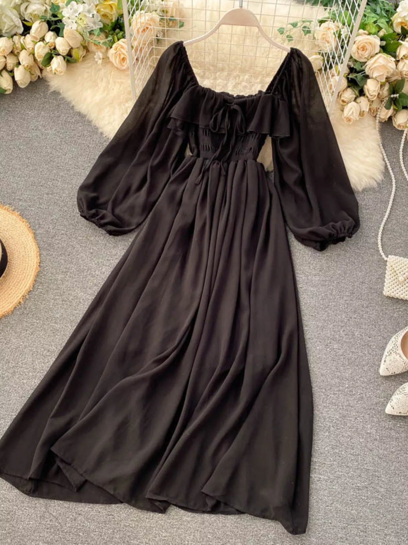 Ruffle Square Neck Balloon Sleeve A-Line Dress