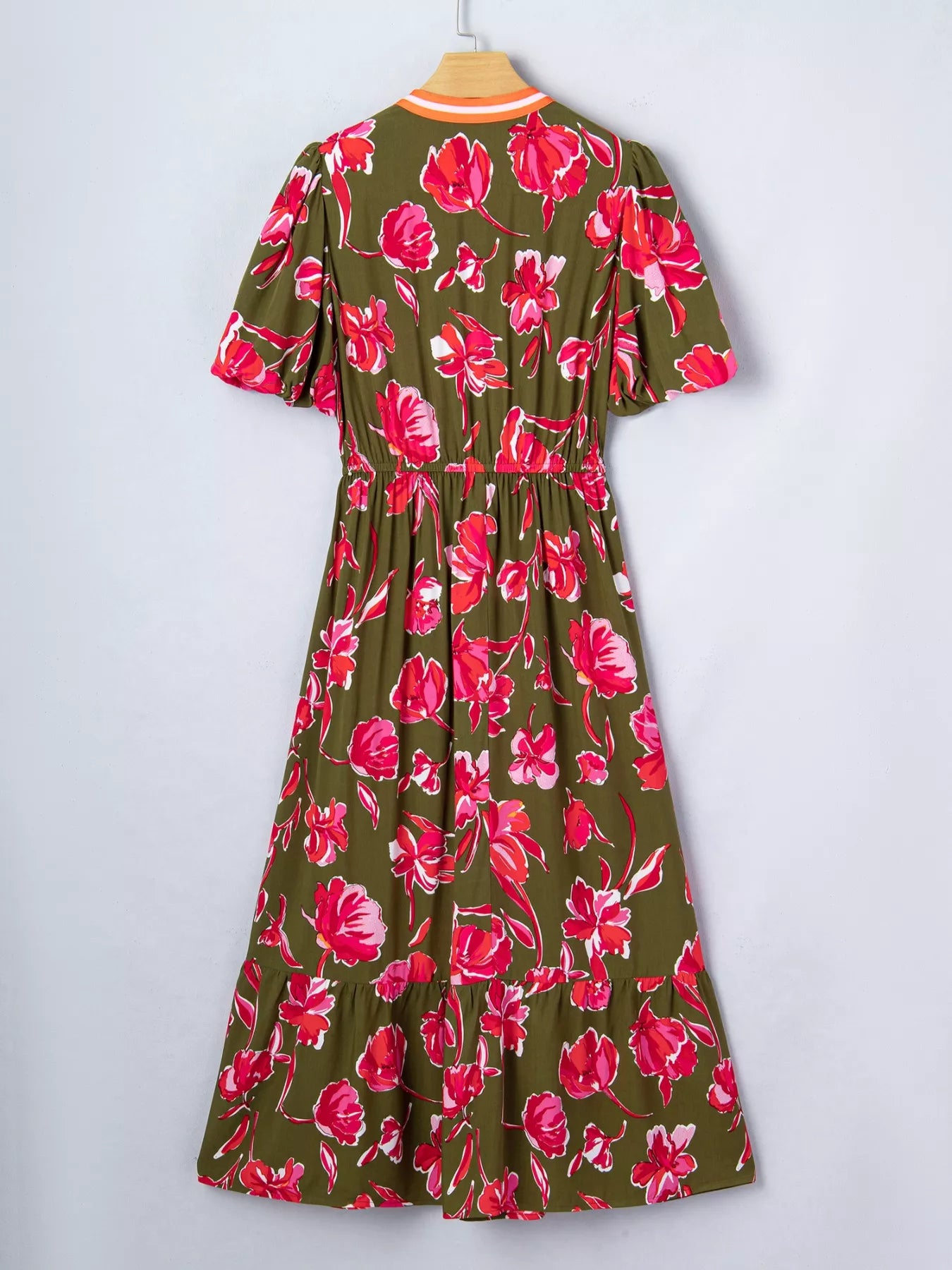 Floral Print Split Neck Short Puff Sleeve Ruffle Hem Dress