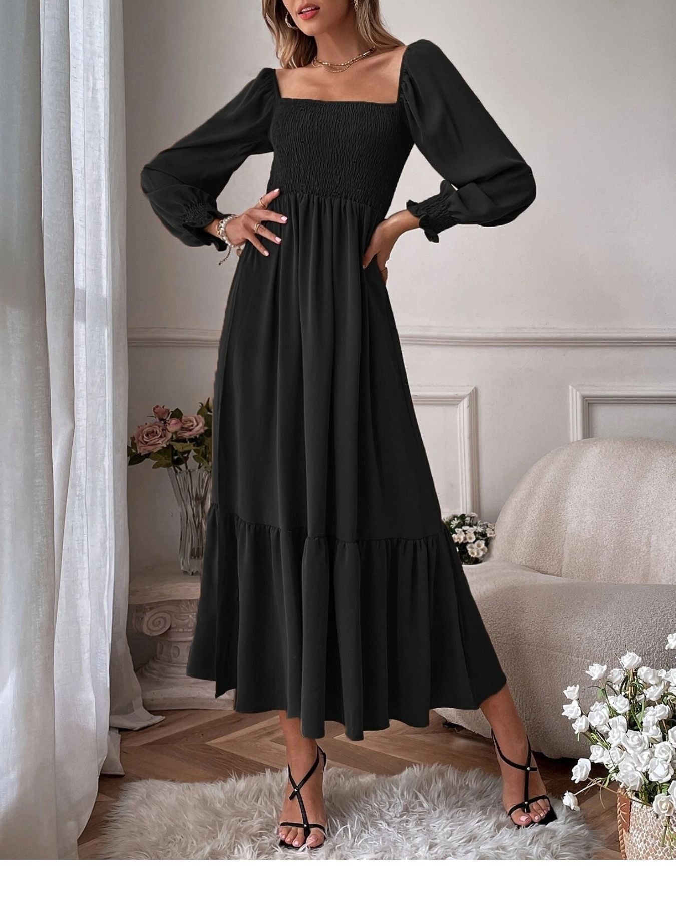 Smocked Long Sleeve Midi Dress